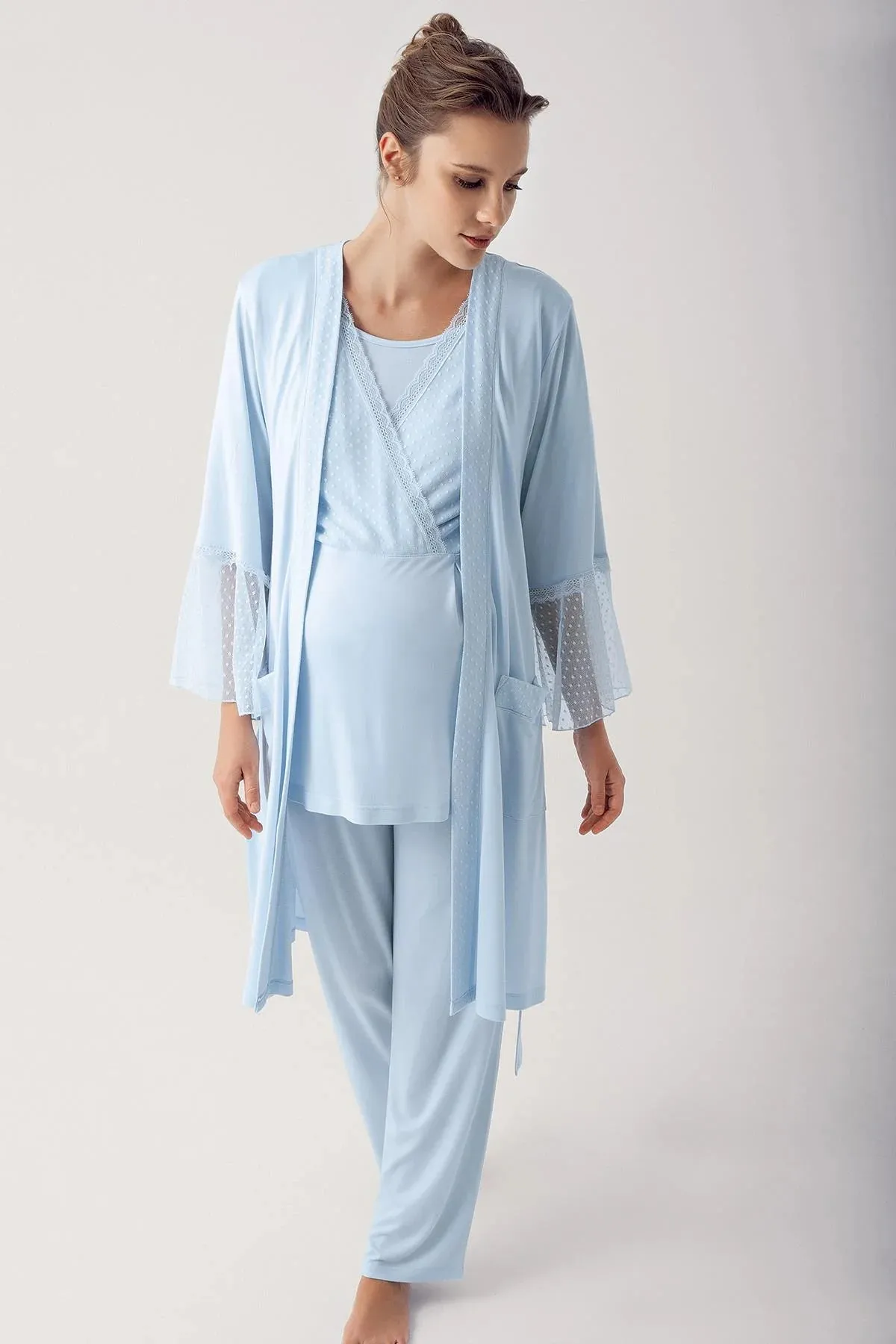 3 pcs Maternity Robe Pajamas Set- blue