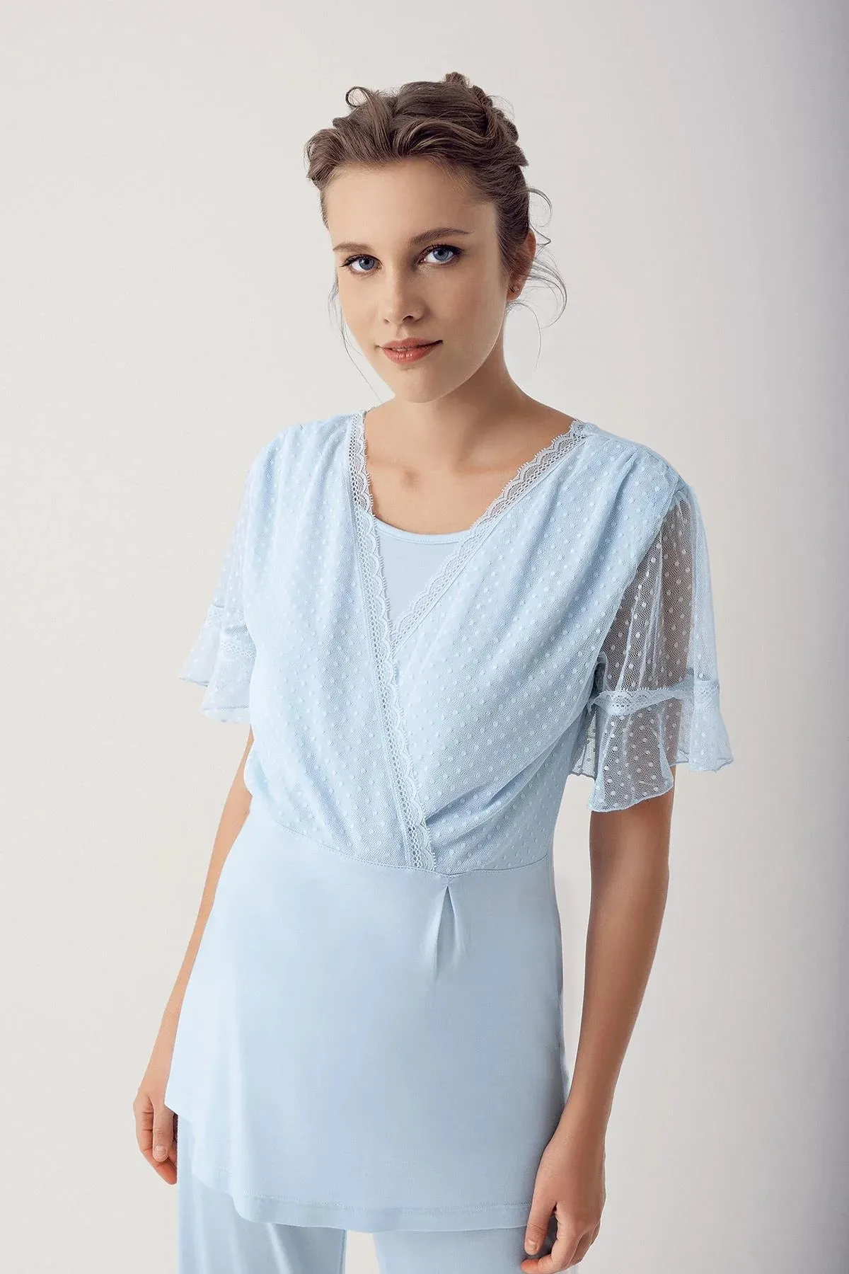 3 pcs Maternity Robe Pajamas Set- blue