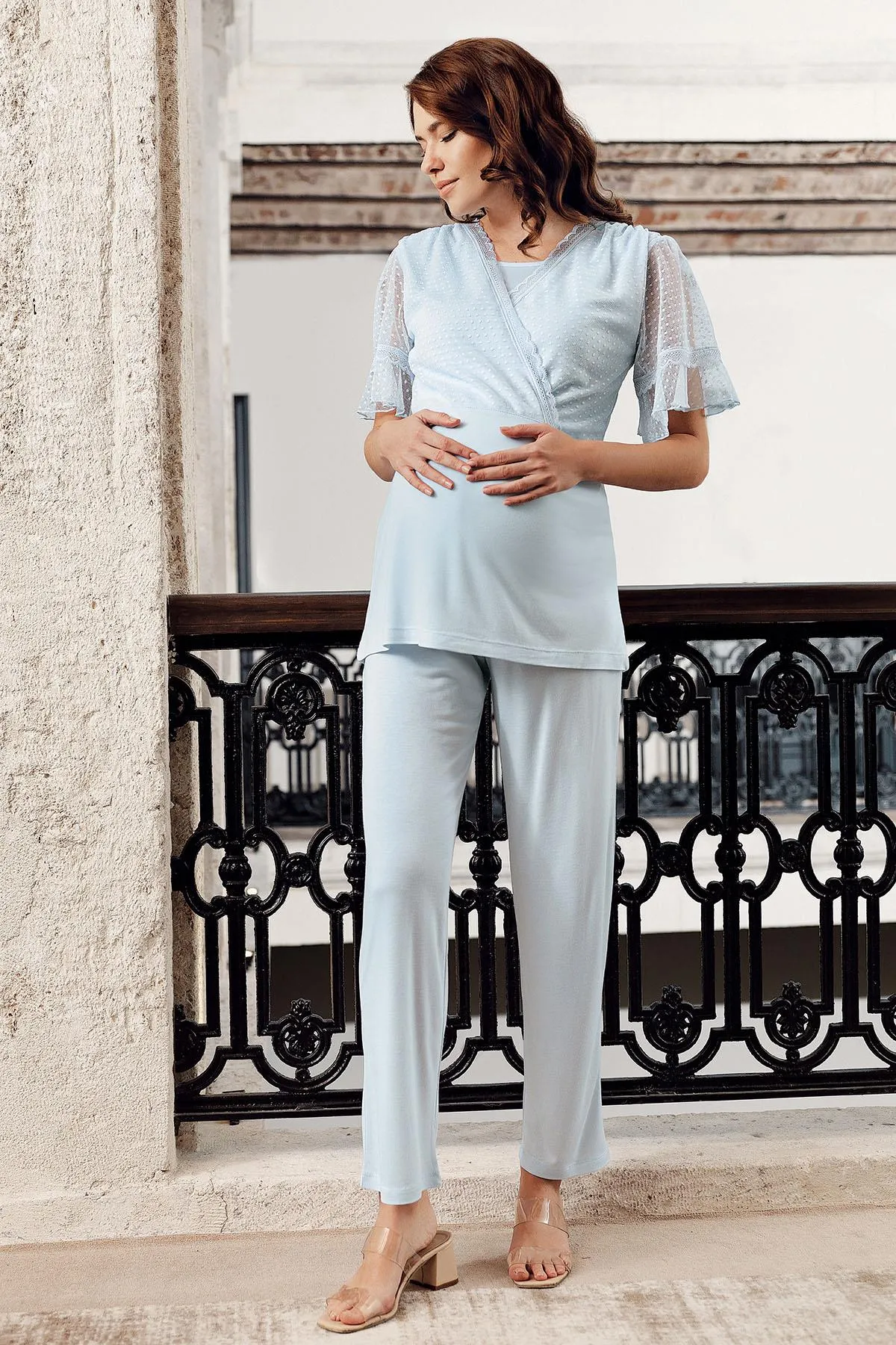 3 pcs Maternity Robe Pajamas Set- blue
