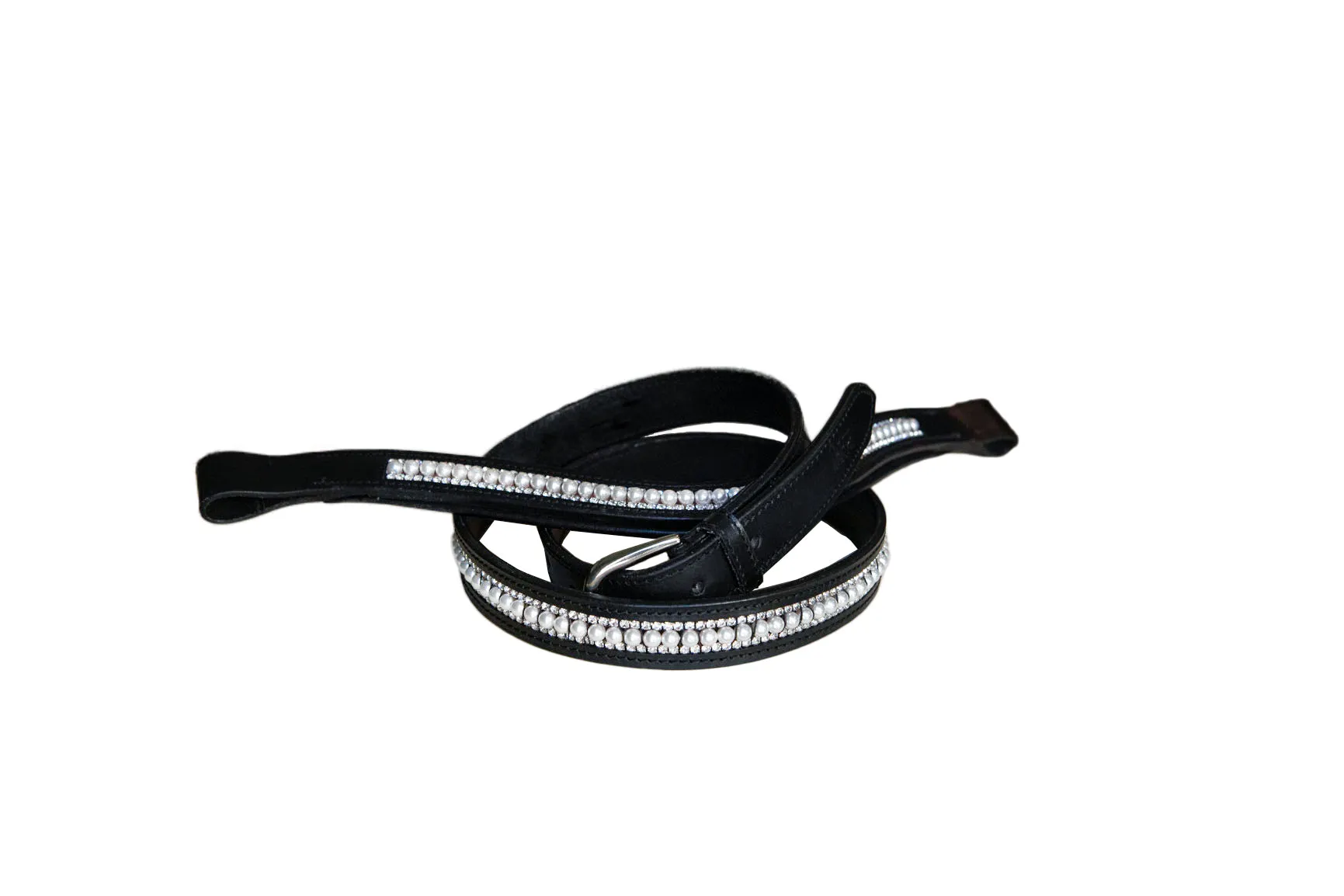 Belt Black Leather with Clear Crystal and Pearl Inlay