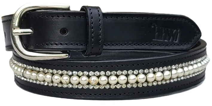 Belt Black Leather with Clear Crystal and Pearl Inlay