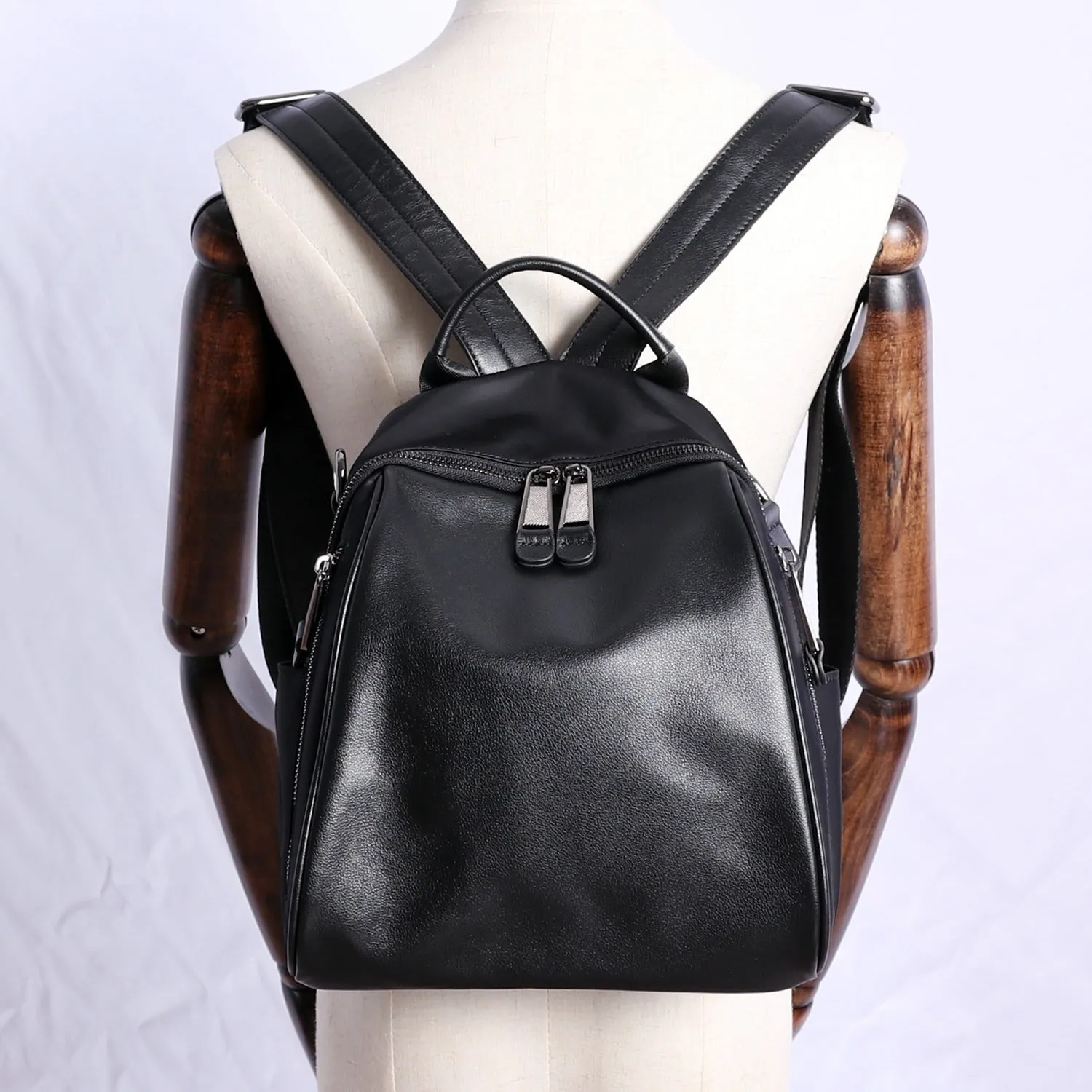 Black Nylon Backpacks Womens Cute School Backpack Bag Black Nylon Leather College Rucksack for Ladies