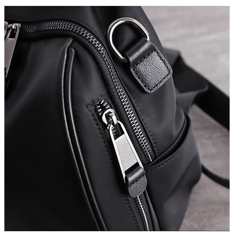 Black Nylon Backpacks Womens Cute School Backpack Bag Black Nylon Leather College Rucksack for Ladies