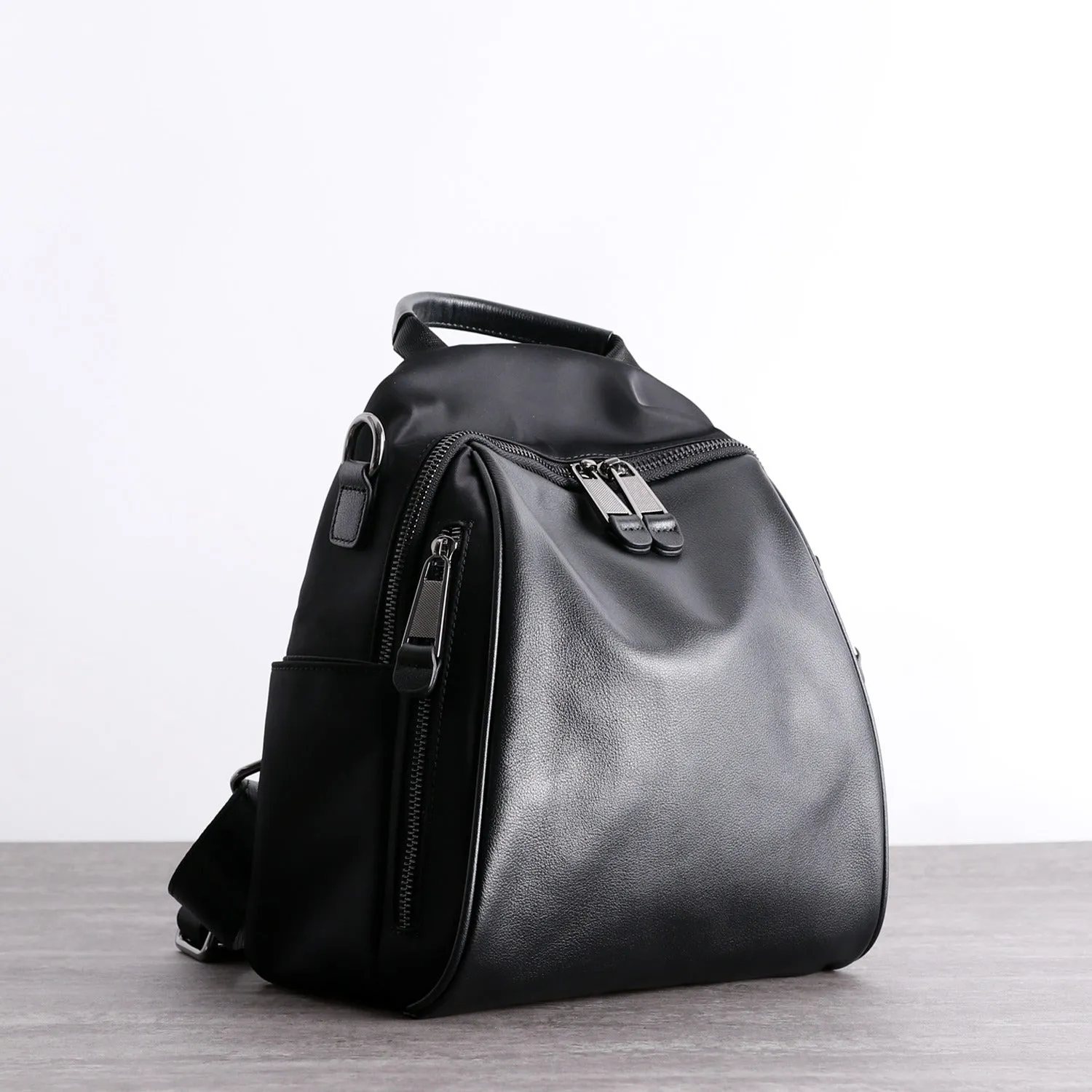 Black Nylon Backpacks Womens Cute School Backpack Bag Black Nylon Leather College Rucksack for Ladies