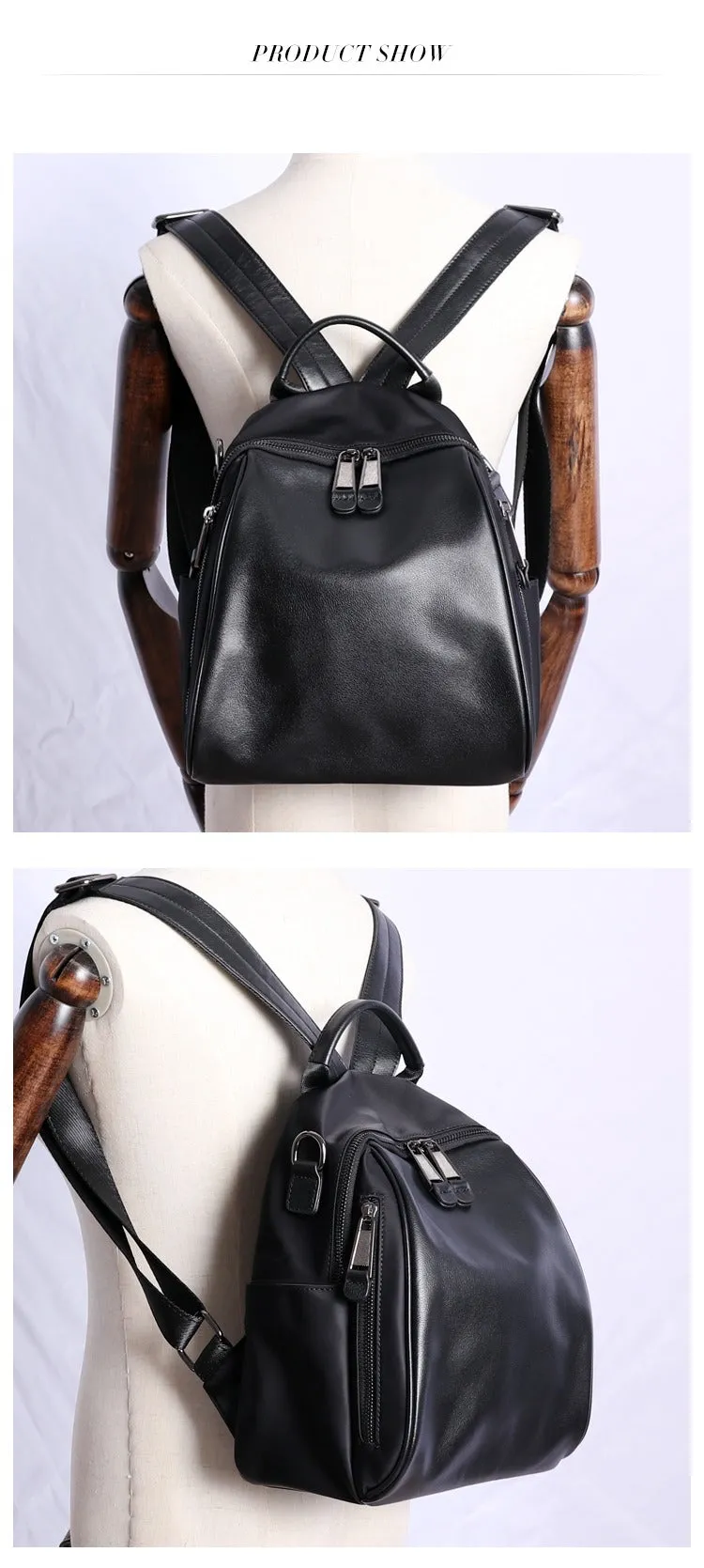 Black Nylon Backpacks Womens Cute School Backpack Bag Black Nylon Leather College Rucksack for Ladies