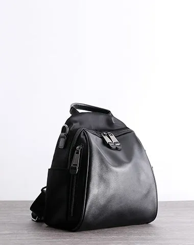Black Nylon Backpacks Womens Cute School Backpack Bag Black Nylon Leather College Rucksack for Ladies