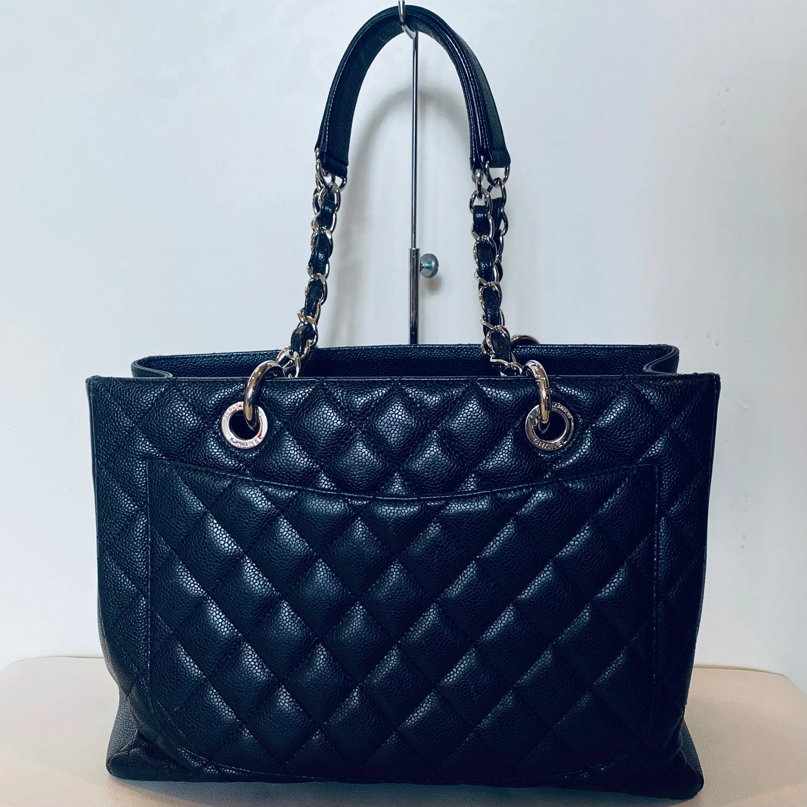 CHANEL Black Quilted Caviar Grand Timeless Shopping Tote Bag Silver Hardware