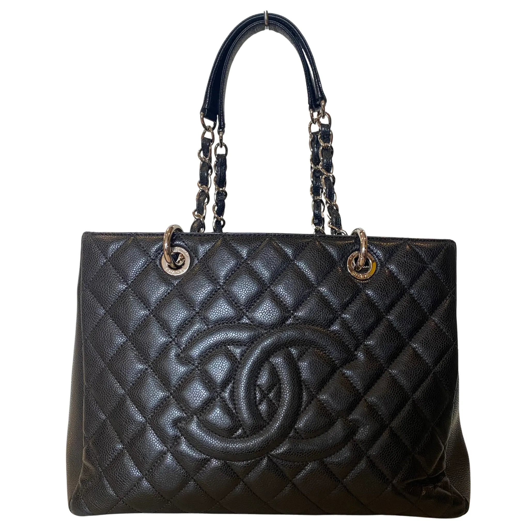 CHANEL Black Quilted Caviar Grand Timeless Shopping Tote Bag Silver Hardware