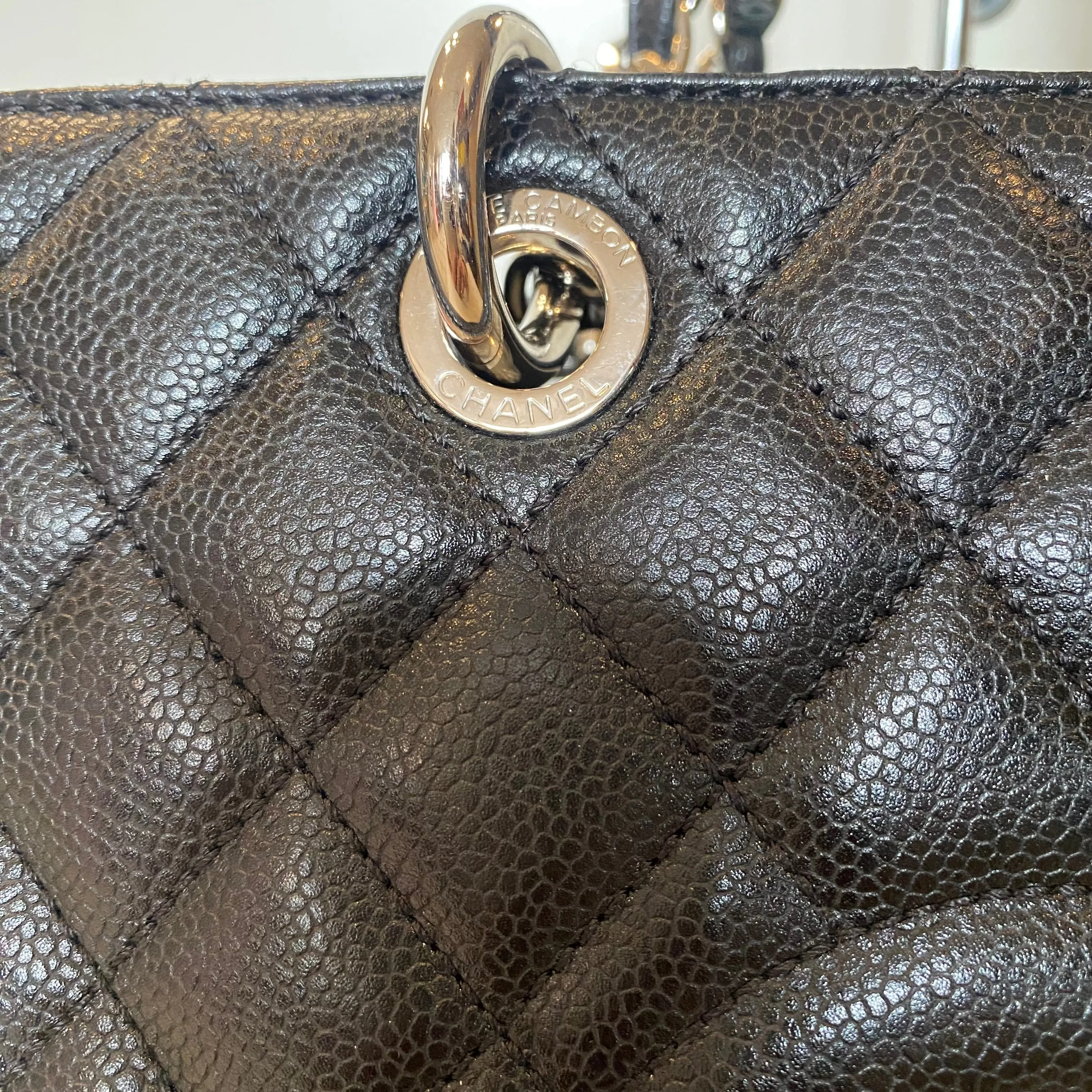 CHANEL Black Quilted Caviar Grand Timeless Shopping Tote Bag Silver Hardware