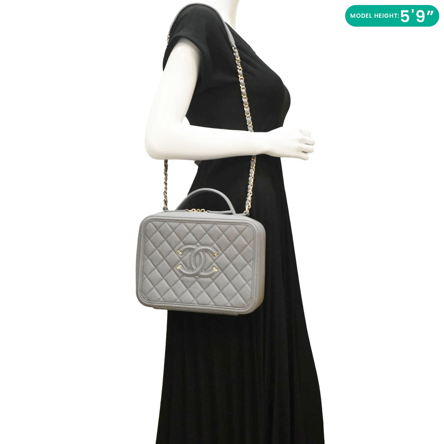 CHANEL Vanity Case Filigree CC  Large Caviar Quilted Shoulder Bag Grey