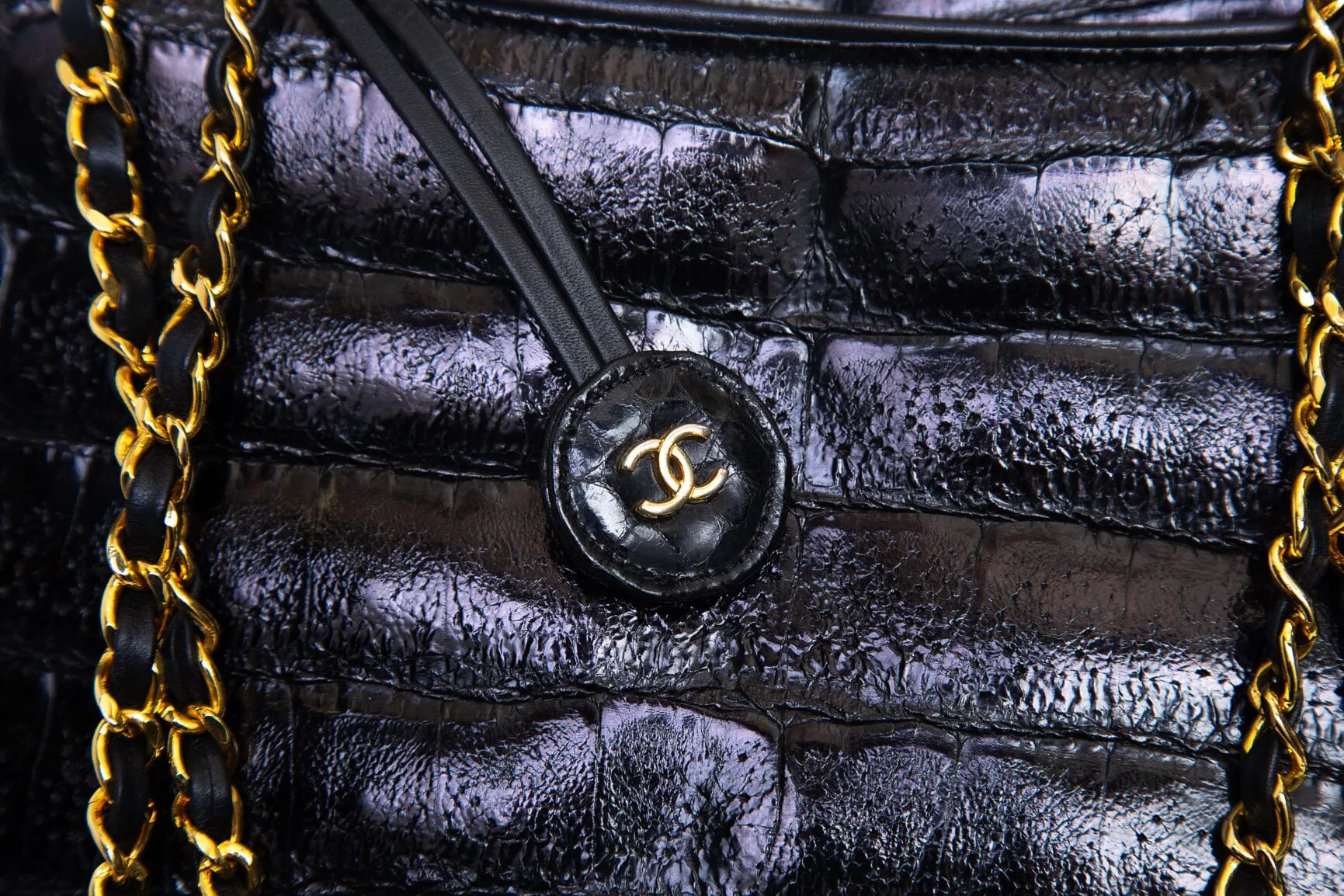 Chanel Vintage 1986/88 Black Polished Alligator and 24k Plated Hardware Tote