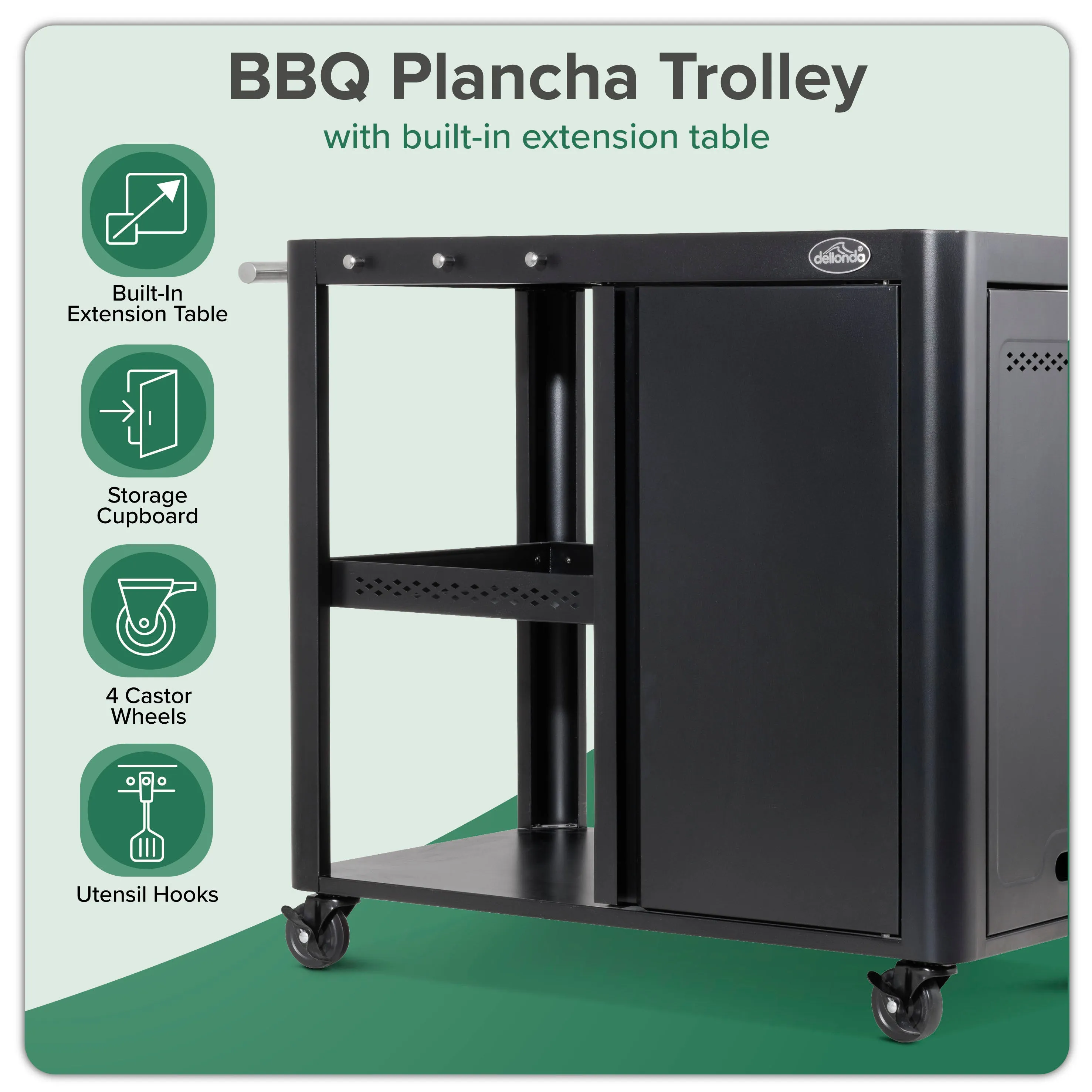 Dellonda BBQ/Plancha Trolley with Cupboard, Extension Table & Utensil Hooks - Black - DG282