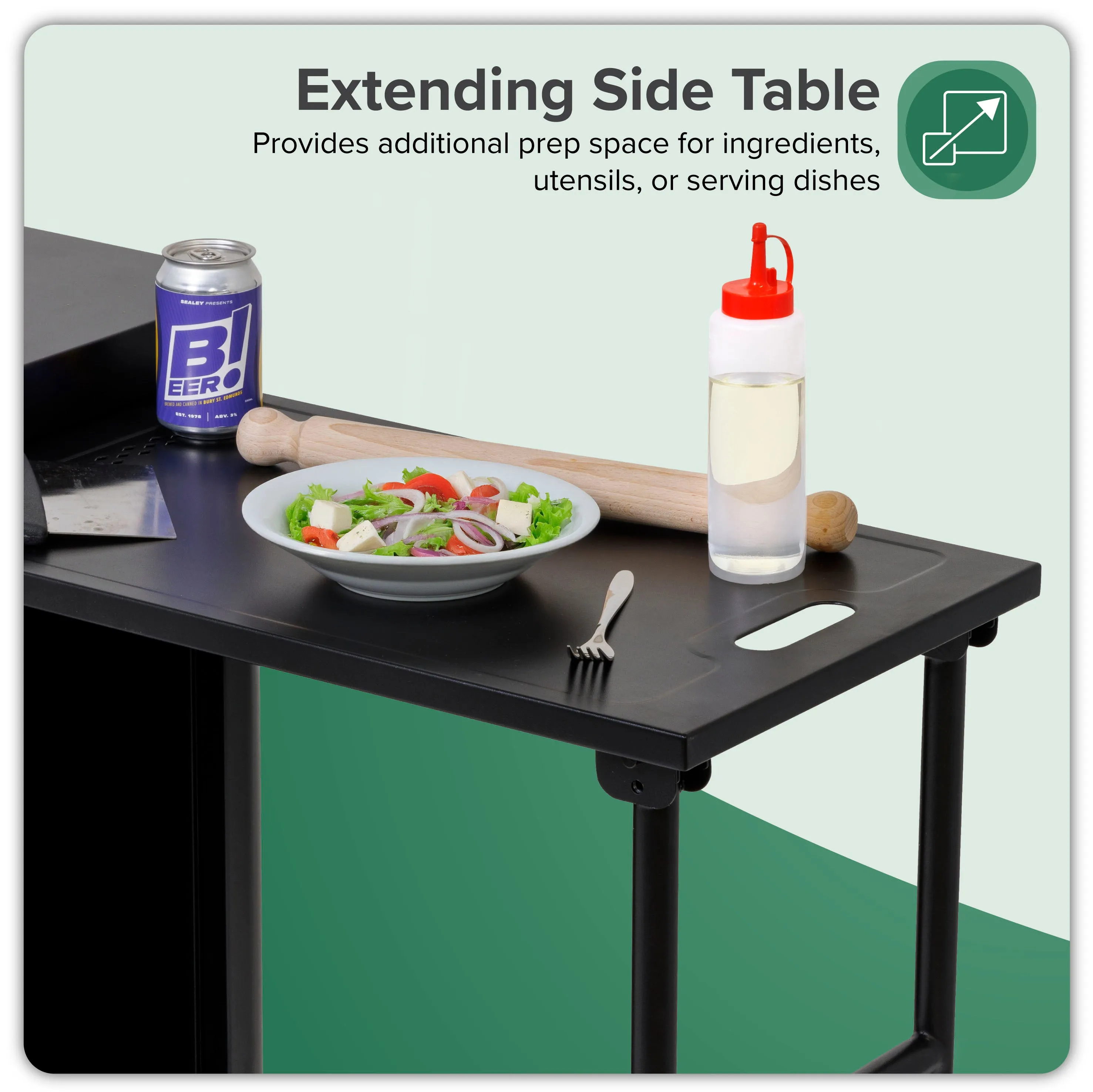 Dellonda BBQ/Plancha Trolley with Cupboard, Extension Table & Utensil Hooks - Black - DG282