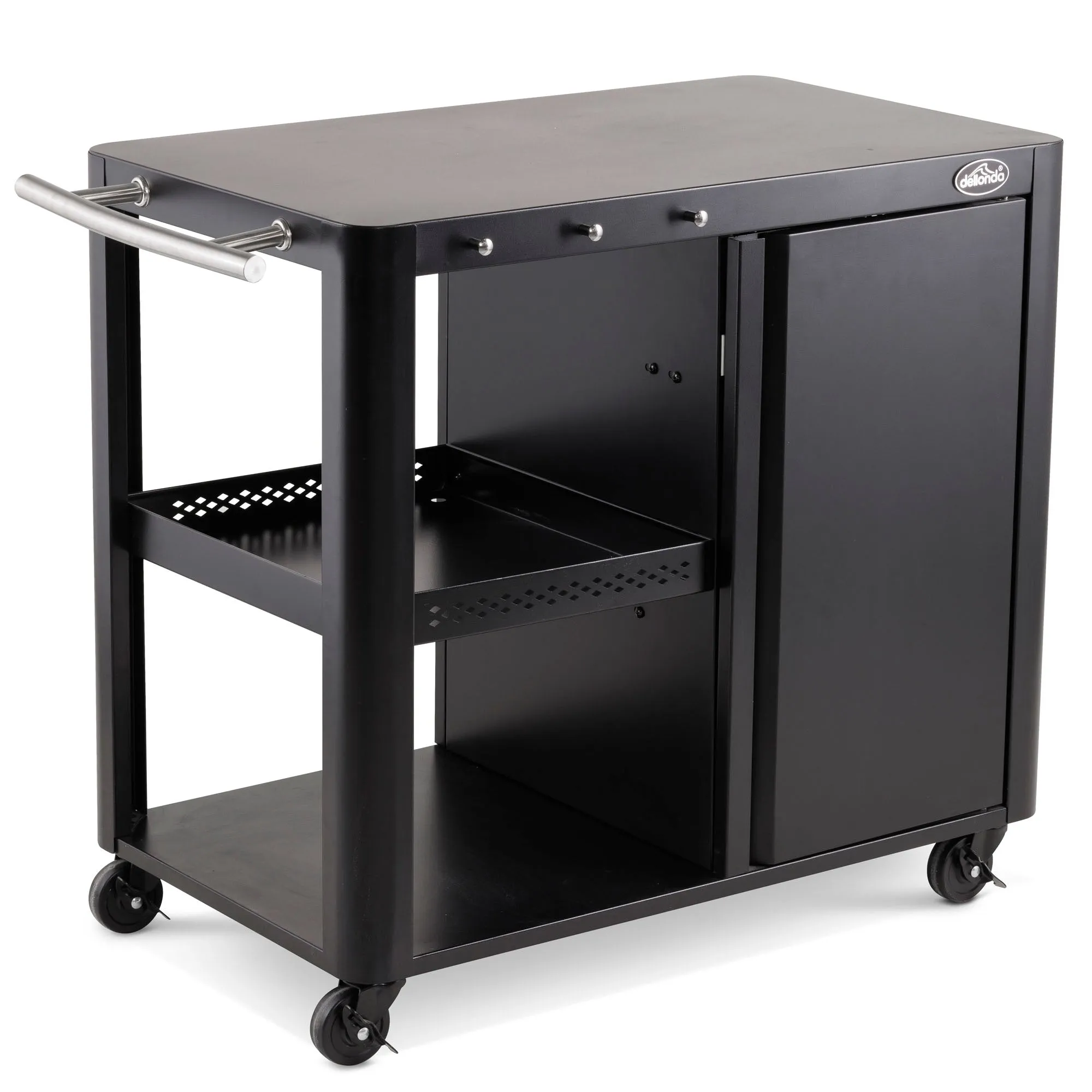 Dellonda BBQ/Plancha Trolley with Cupboard, Extension Table & Utensil Hooks - Black - DG282