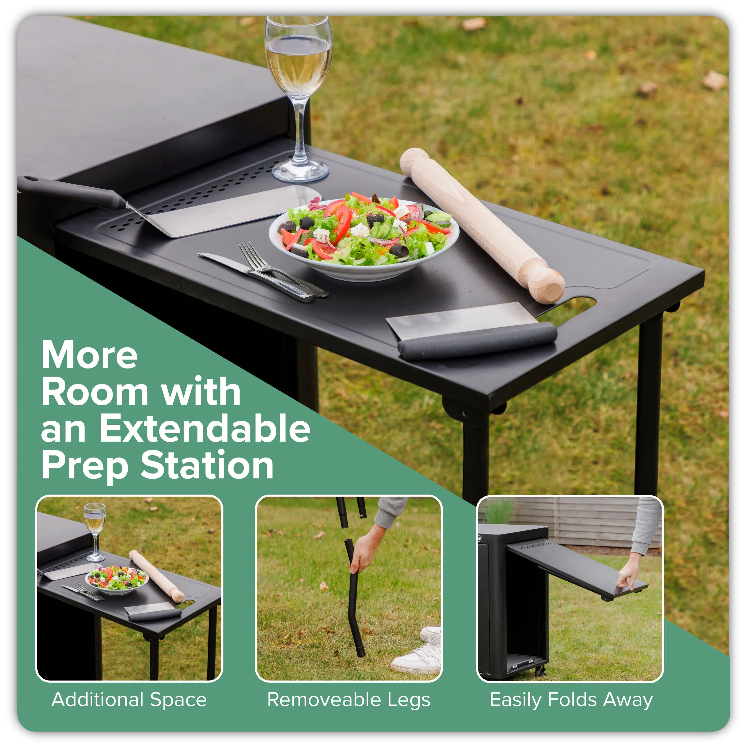 Dellonda BBQ/Plancha Trolley with Cupboard, Extension Table & Utensil Hooks - Black - DG282