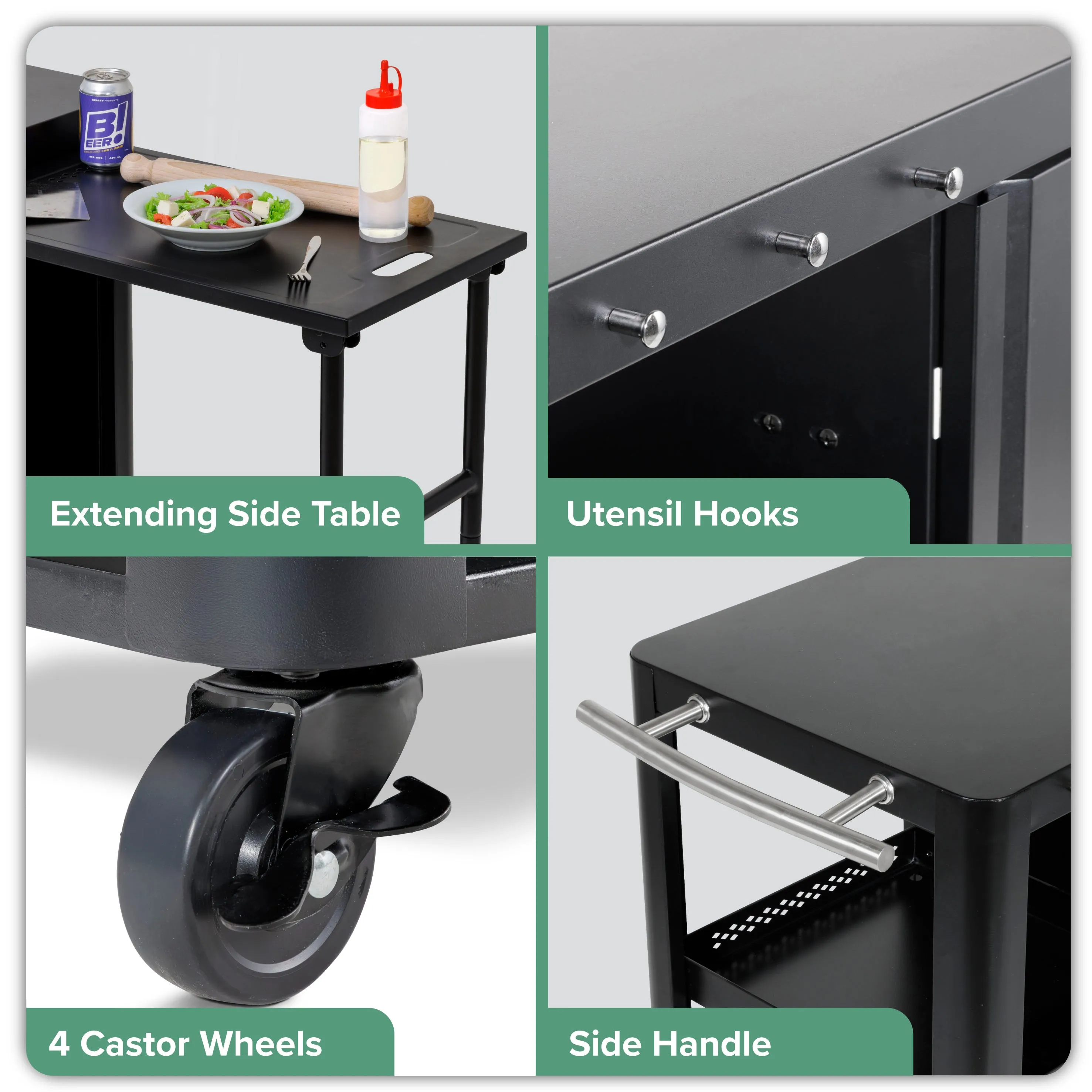 Dellonda BBQ/Plancha Trolley with Cupboard, Extension Table & Utensil Hooks - Black - DG282