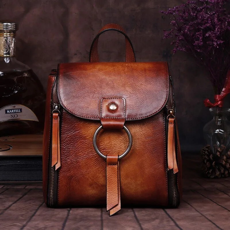 Female High Quality Genuine Leather Rucksack Girls Travel Bags Brush Color Daypack Knapsack Retro Real Cowhide Women Backpack