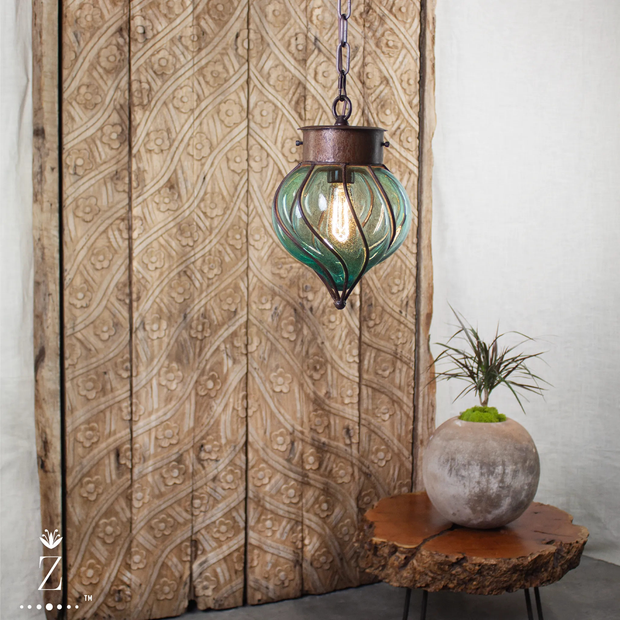Flama Pendant | Aqua Glass and Metal Pendant Light