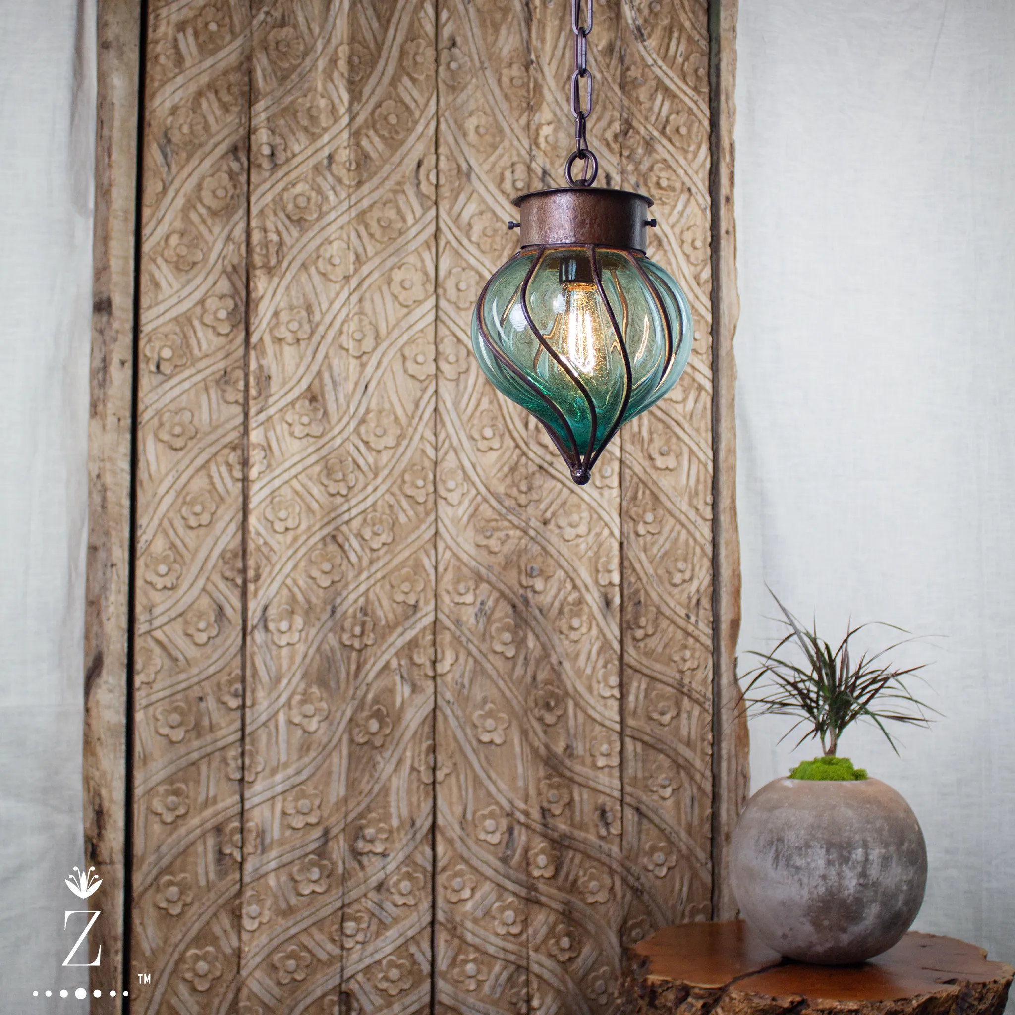 Flama Pendant | Aqua Glass and Metal Pendant Light