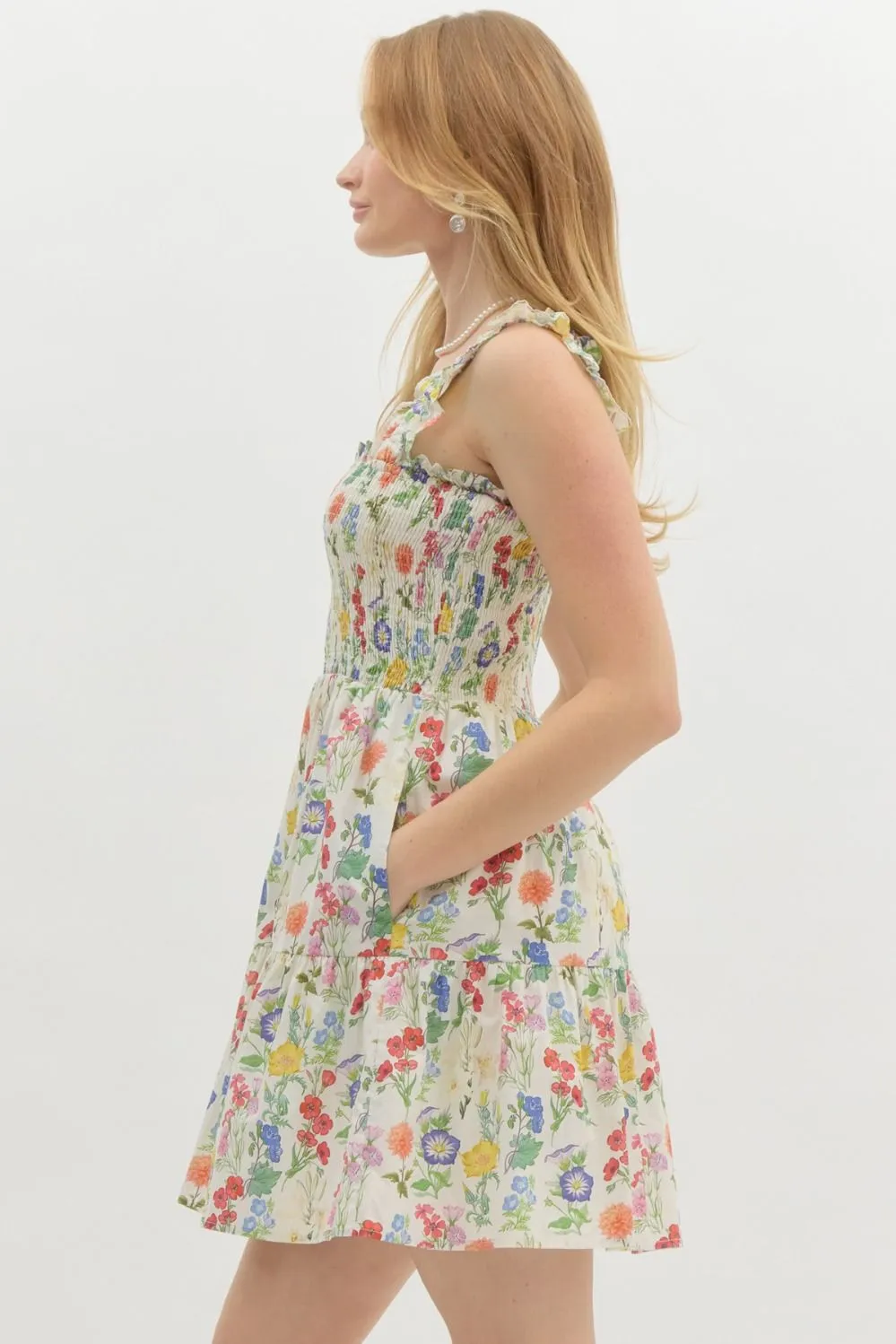 Floral Print Elastic Shoulder Mini Dress