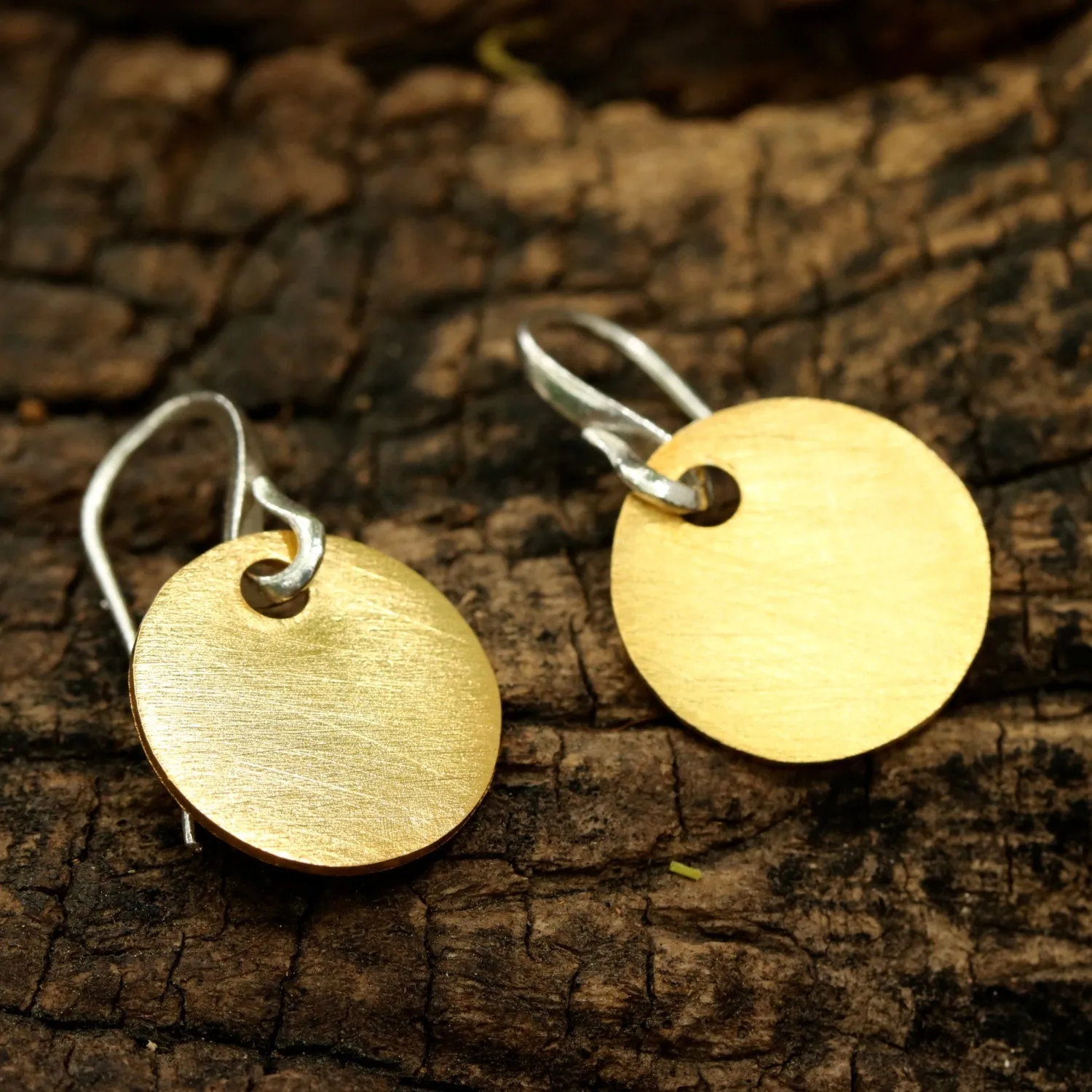 Gold plated brass discs earrings with matte finish and hangs on sterling silver hook