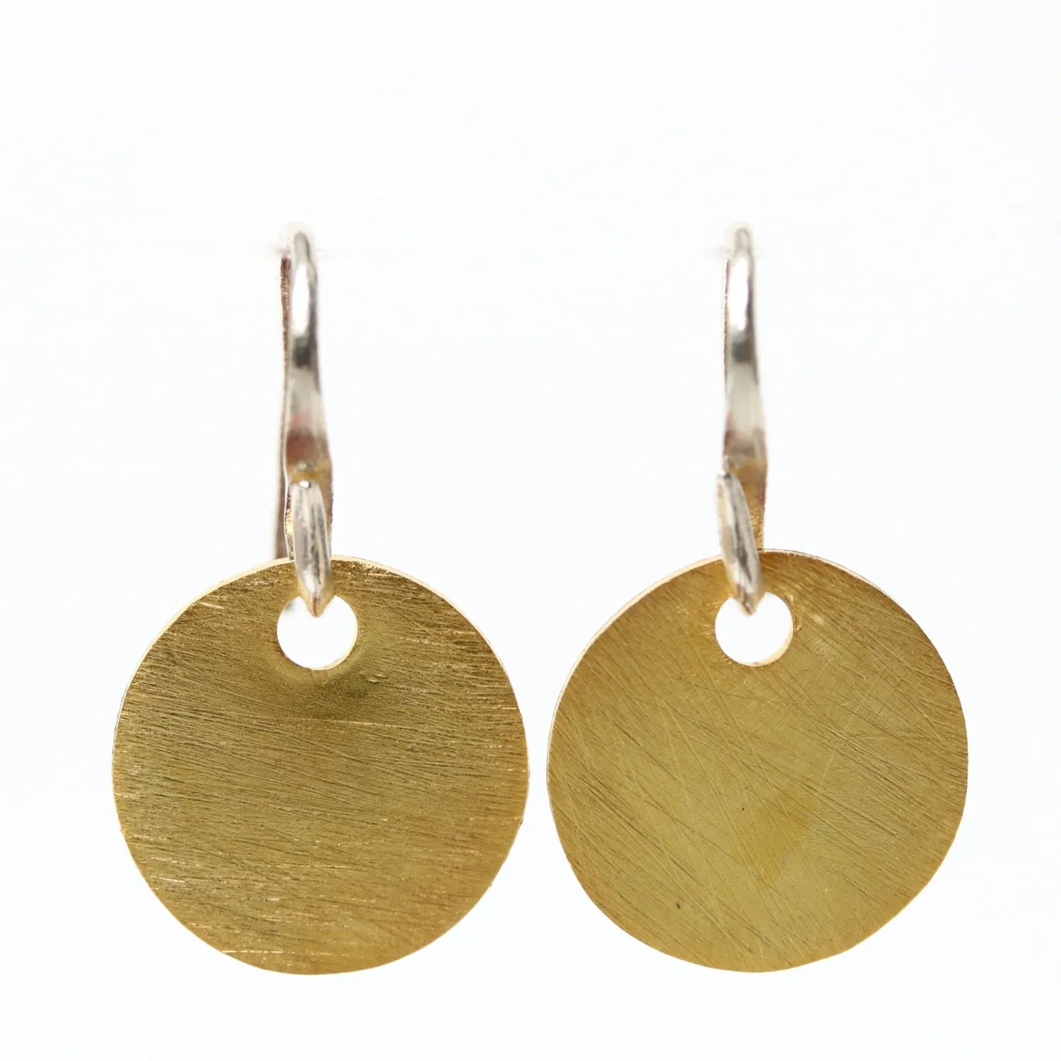 Gold plated brass discs earrings with matte finish and hangs on sterling silver hook