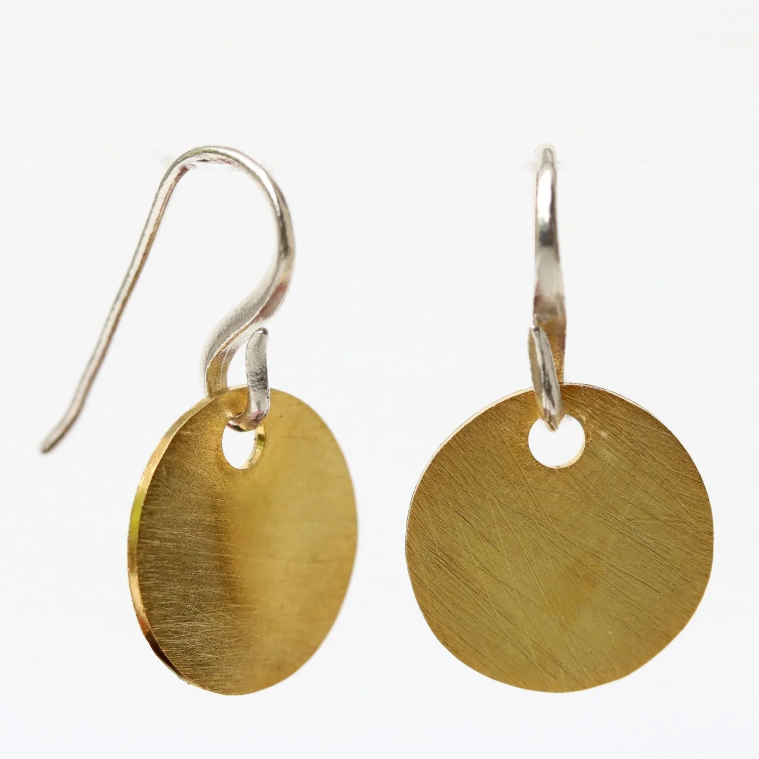 Gold plated brass discs earrings with matte finish and hangs on sterling silver hook