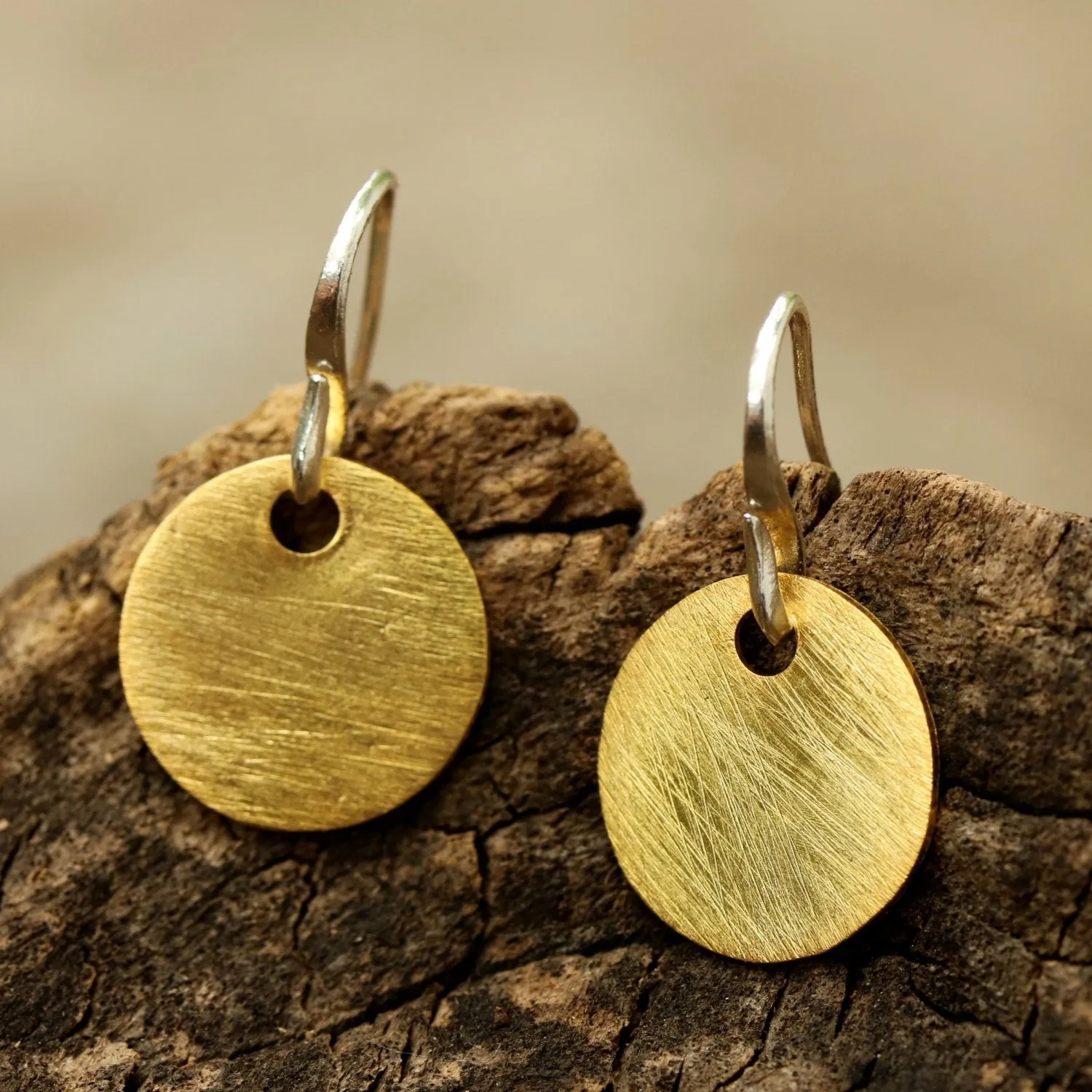 Gold plated brass discs earrings with matte finish and hangs on sterling silver hook