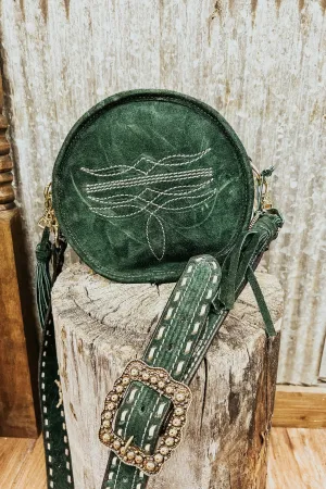 Green Suede Circle Tote with Tassels & Cream Stitching