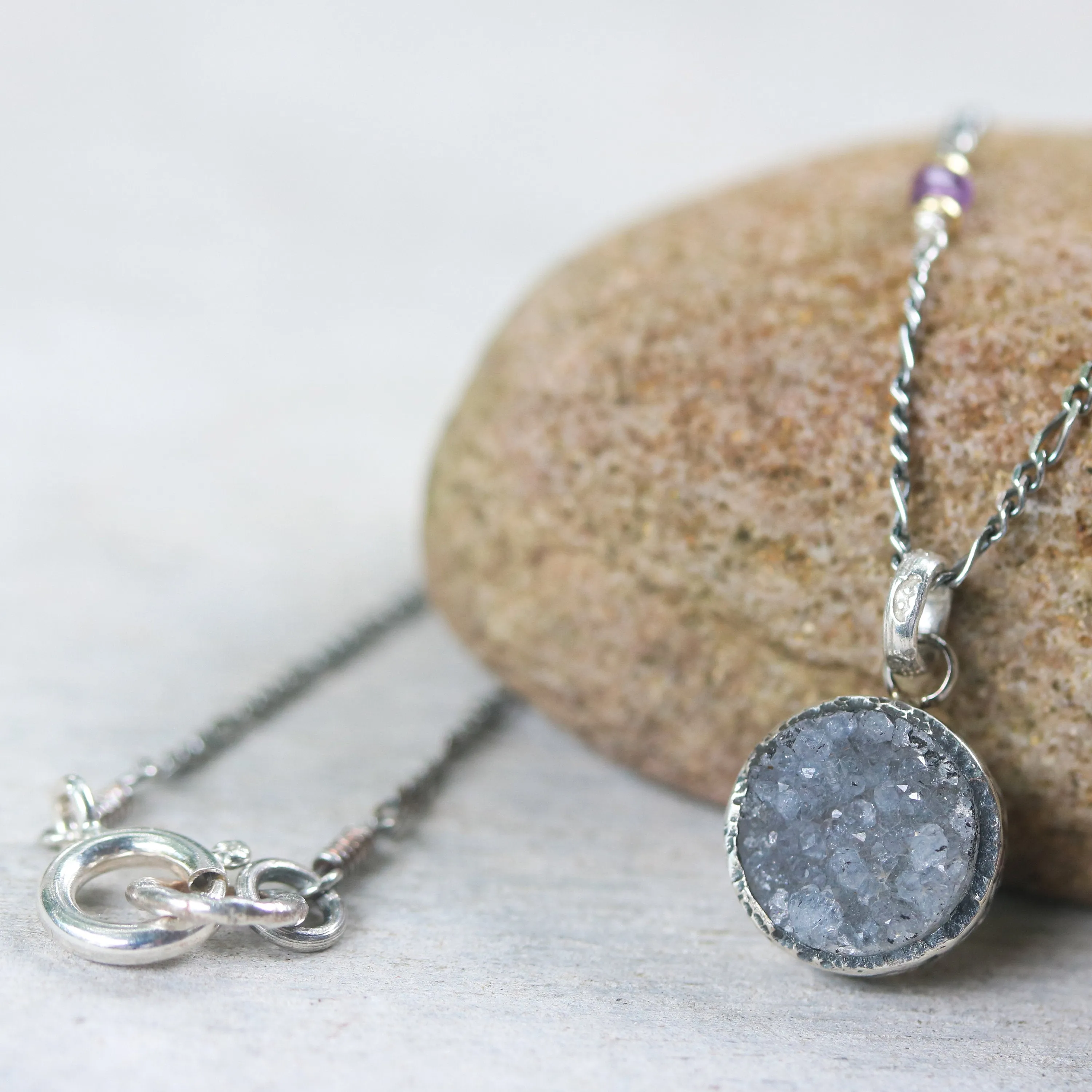 Grey druzy pendant necklace in silver bezel setting with amethyst beads on sterling silver chain