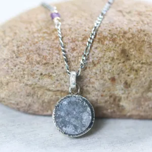 Grey druzy pendant necklace in silver bezel setting with amethyst beads on sterling silver chain