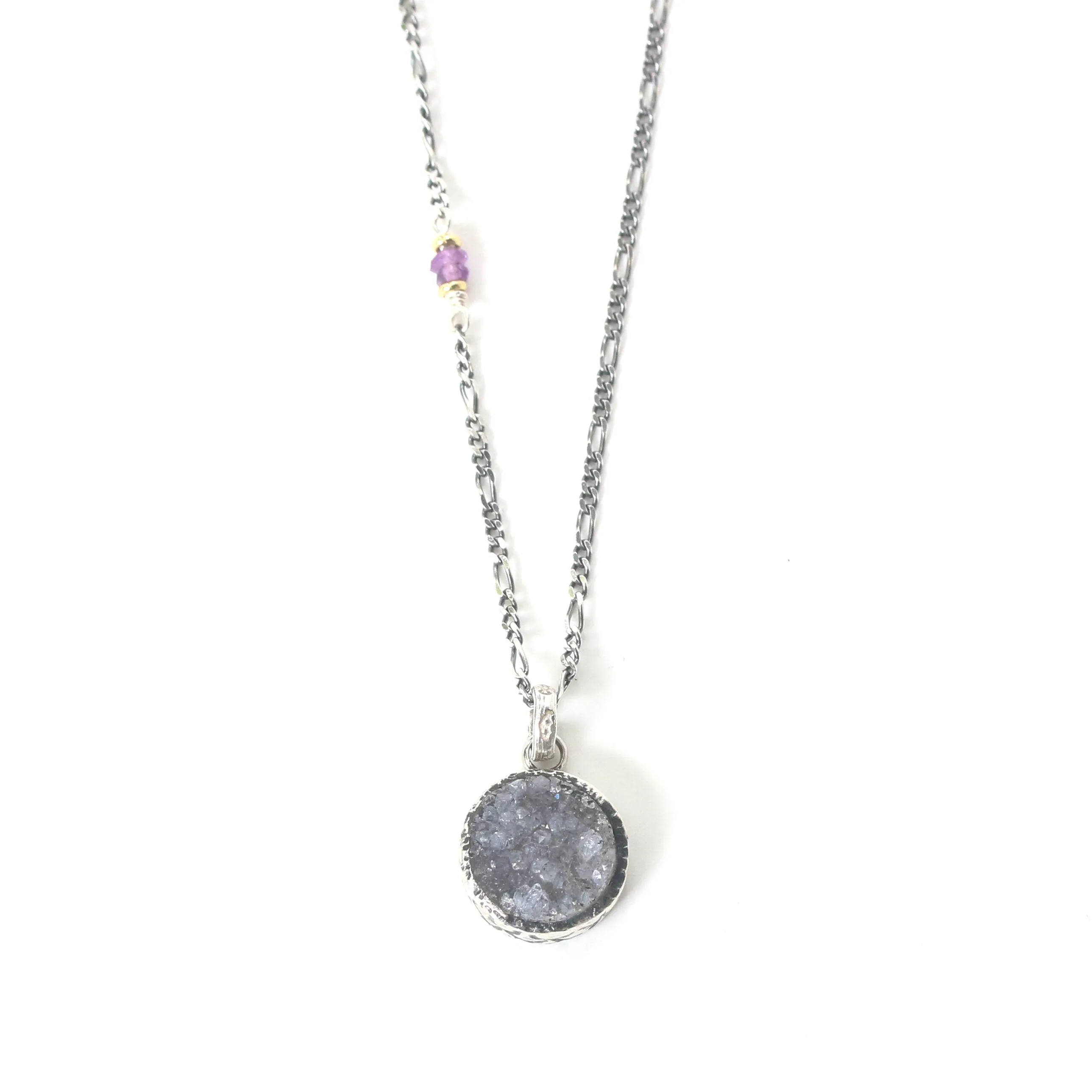Grey druzy pendant necklace in silver bezel setting with amethyst beads on sterling silver chain