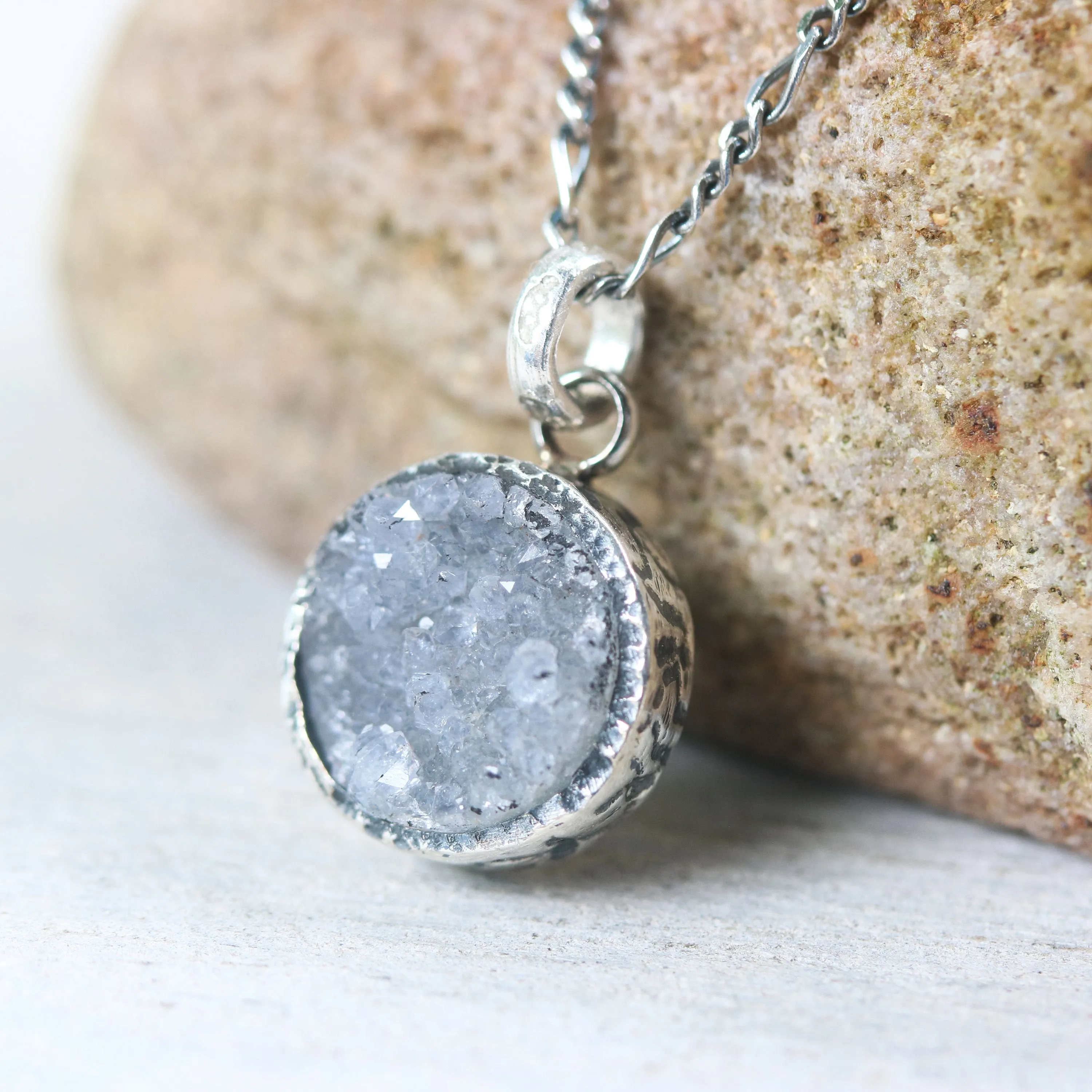 Grey druzy pendant necklace in silver bezel setting with amethyst beads on sterling silver chain