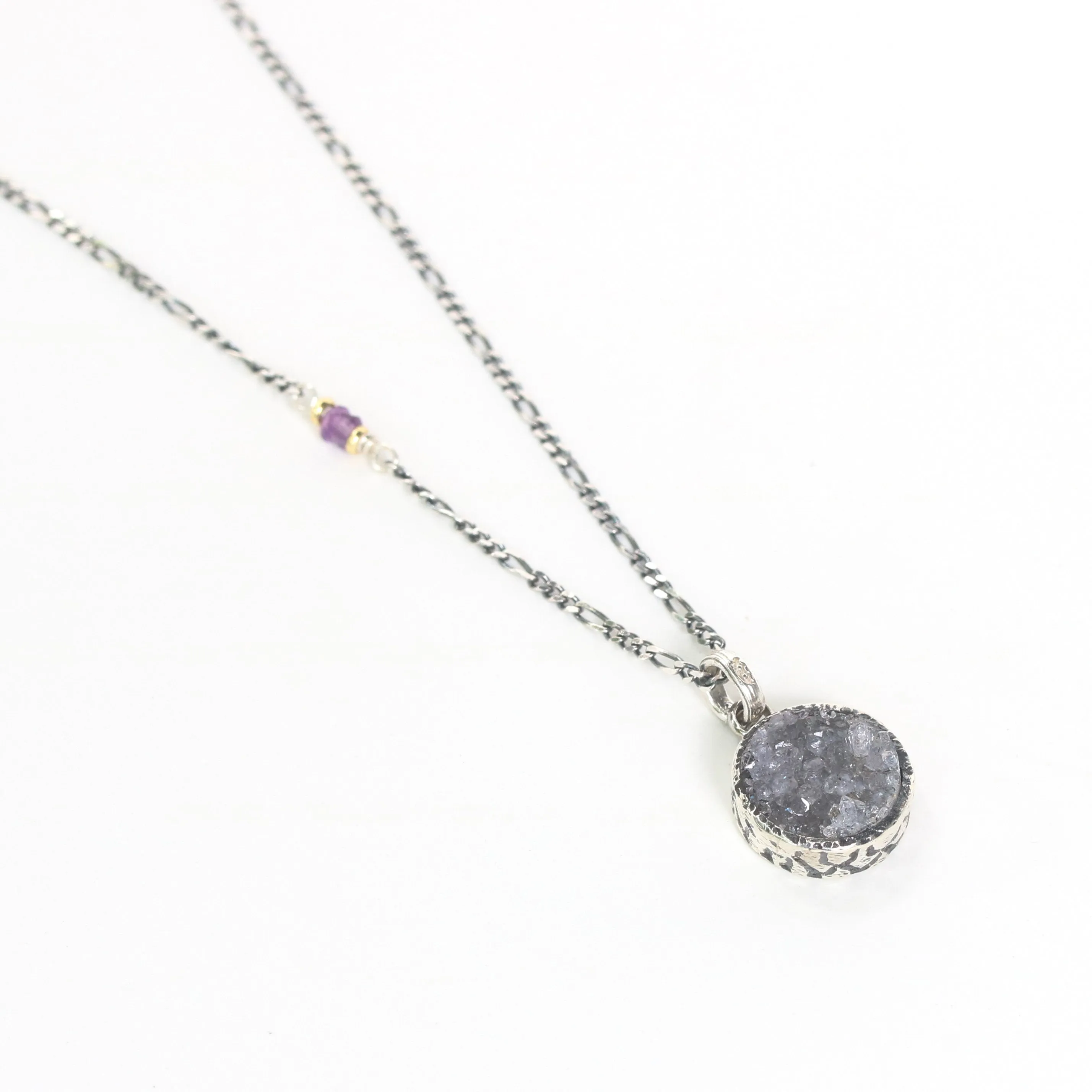 Grey druzy pendant necklace in silver bezel setting with amethyst beads on sterling silver chain