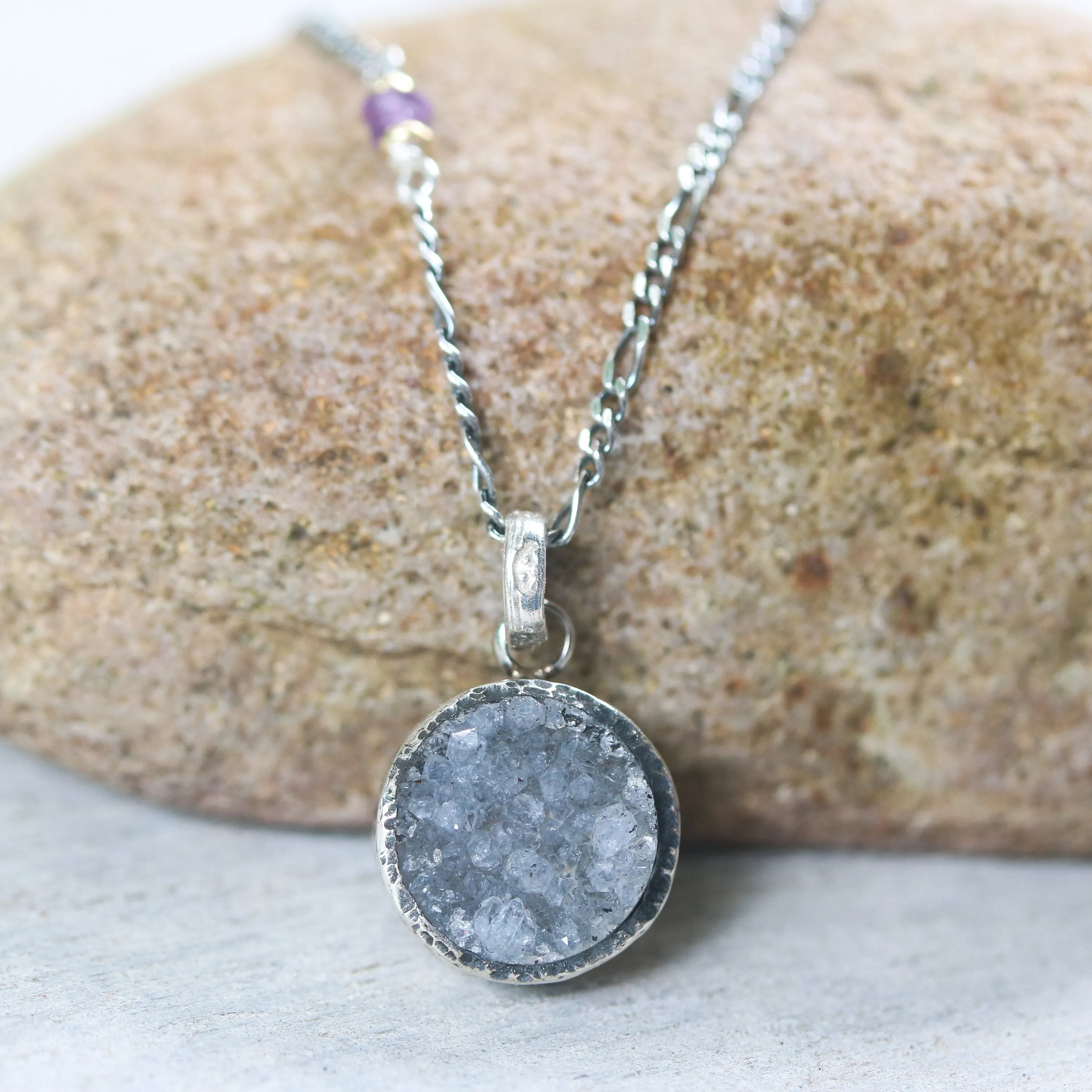 Grey druzy pendant necklace in silver bezel setting with amethyst beads on sterling silver chain
