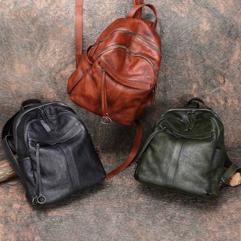 Handmade Green Leather Backpacks Bag Womens Best School Rucksack Ladies Leather Backpack Purses