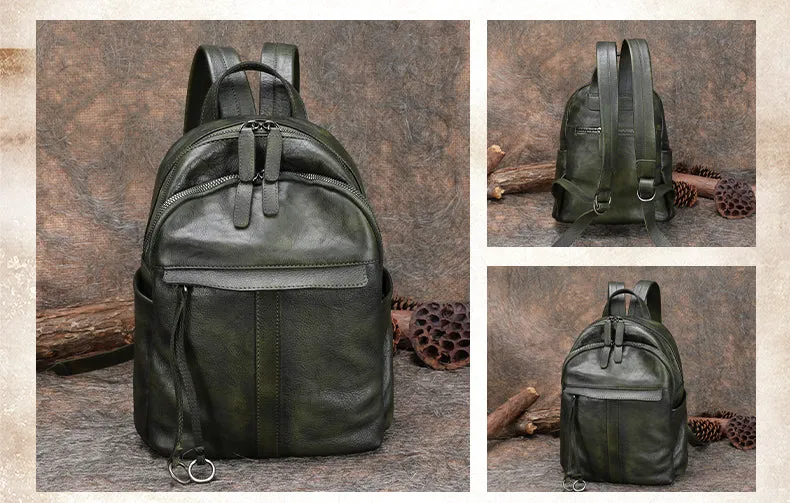 Handmade Green Leather Backpacks Bag Womens Best School Rucksack Ladies Leather Backpack Purses