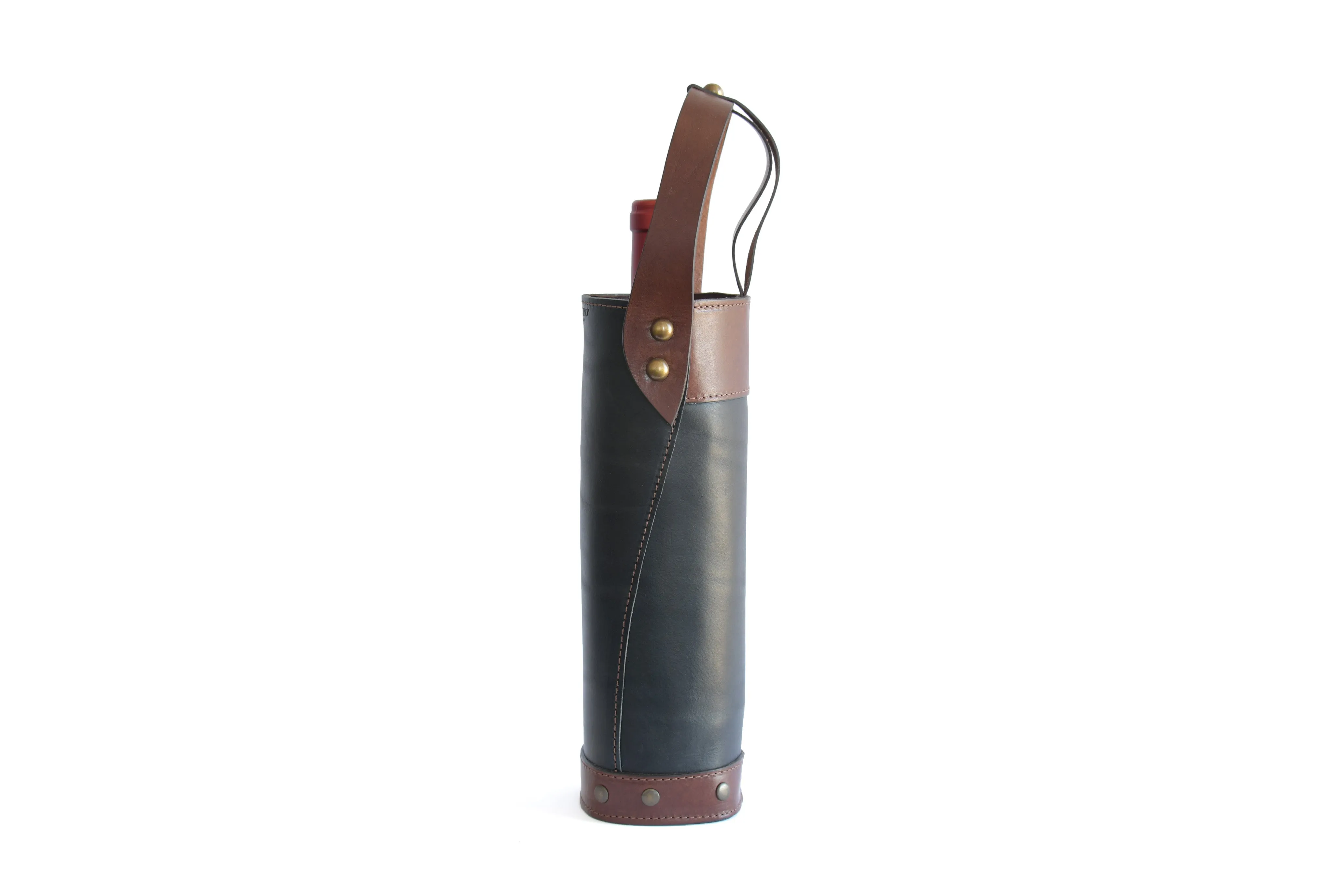 Italian Leather Wine Carrier - Vachetta Leathers - Walnut Brown and Onyx Black