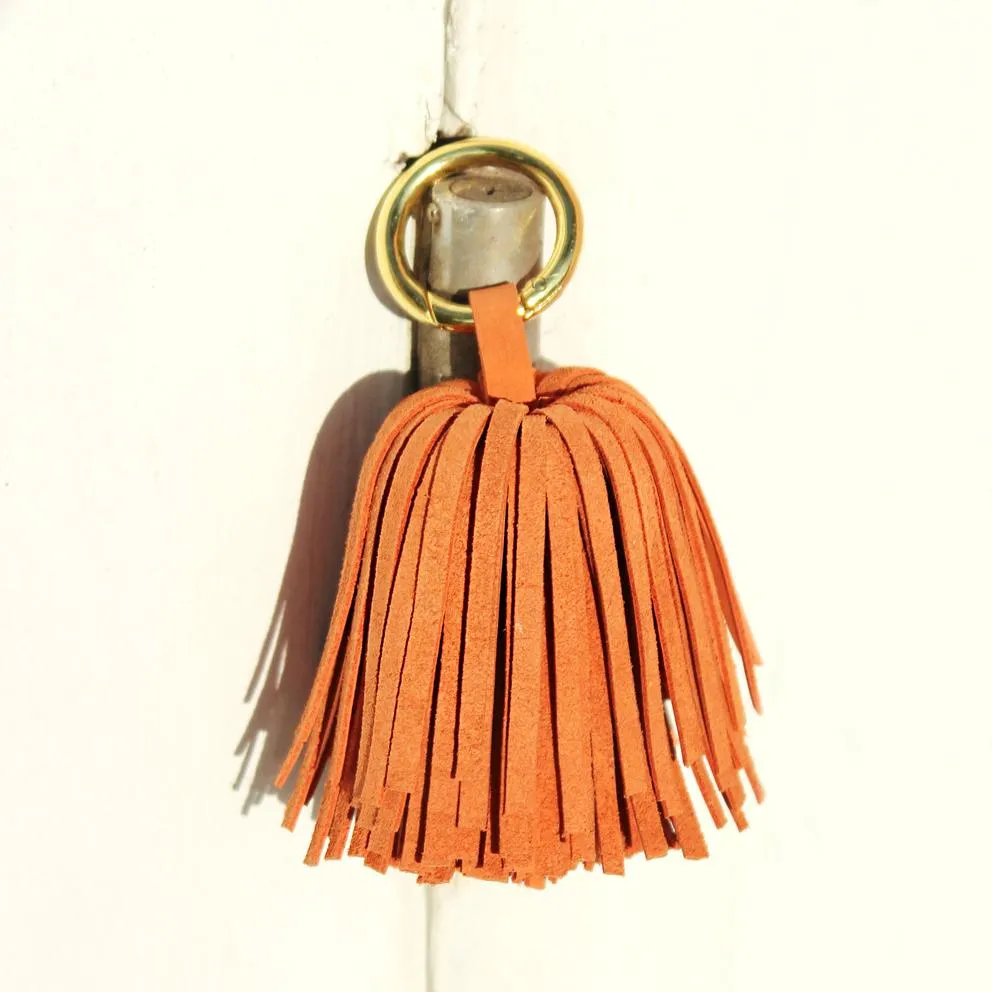 Leather Pom Tassel Bag Charm - in Camel Brown