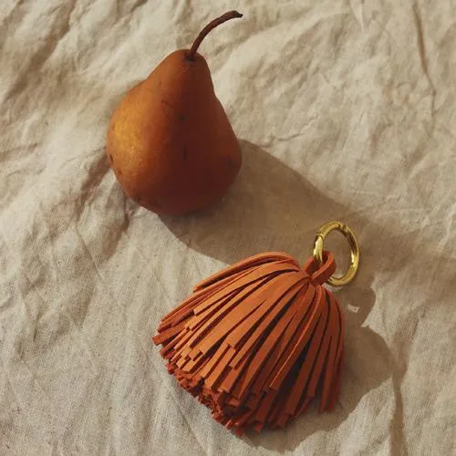 Leather Pom Tassel Bag Charm - in Camel Brown