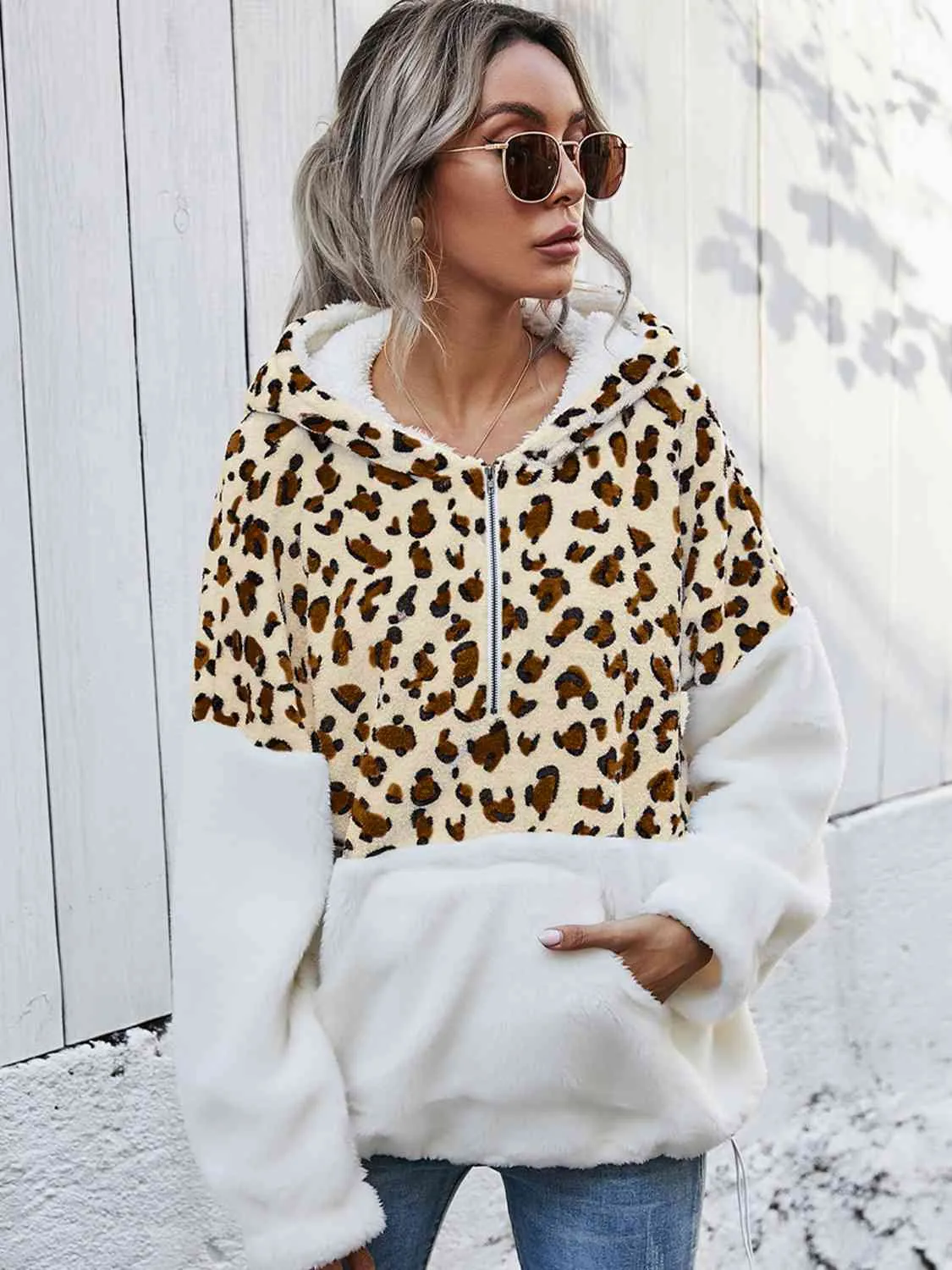 Leopard Half-Zip Dropped Shoulder Hoodie (2 Colors)