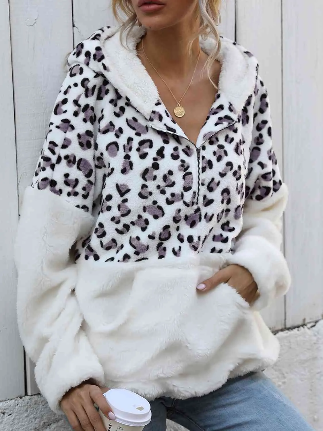 Leopard Half-Zip Dropped Shoulder Hoodie (2 Colors)