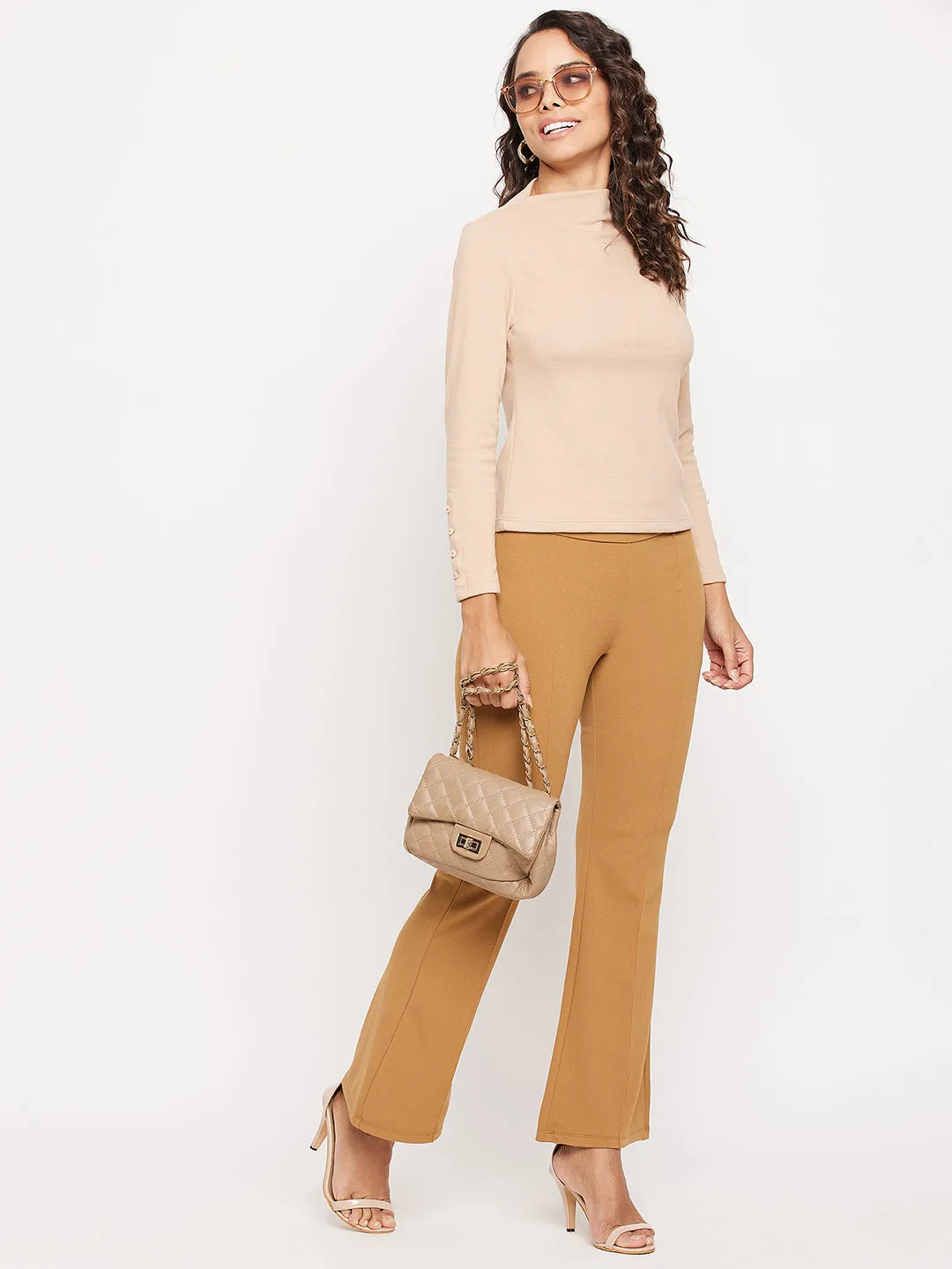 Madame Elasticated Waist Camel Brown Bootcut Trouser