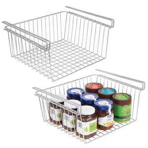 mDesign Household Metal Under Shelf Hanging Storage Organizer Bin Basket for Organizing Kitchen Pantry, Cabinets, Cupboards, Shelves - Vintage Modern Farmhouse Grid Style - Large, 2 Pack - Chrome