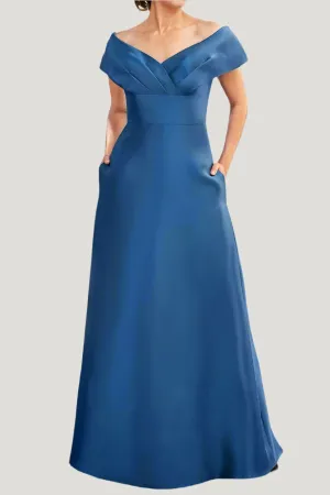Off-the-Shoulder Satin Mother of The Bride Dresses with Pockets
