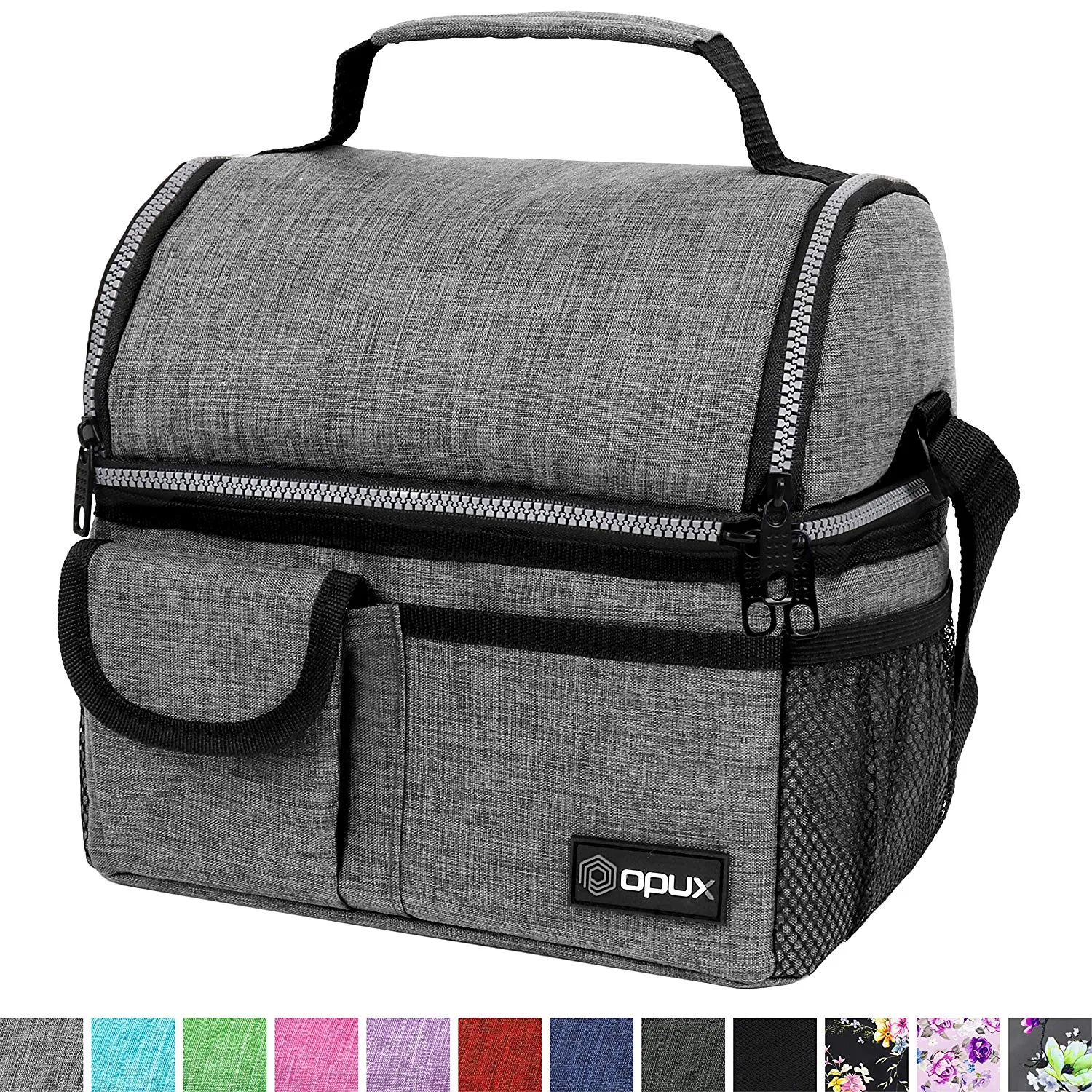 OPUX Insulated Dual Compartment Lunch Bag for Men, Women | Double Deck Reusable Lunch Pail Cooler Bag with Shoulder Strap, Soft Leakproof Liner | Large Lunch Box Tote for Work, School (Heather Grey)