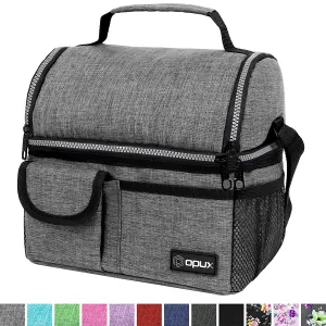 OPUX Insulated Dual Compartment Lunch Bag for Men, Women | Double Deck Reusable Lunch Pail Cooler Bag with Shoulder Strap, Soft Leakproof Liner | Large Lunch Box Tote for Work, School (Heather Grey)