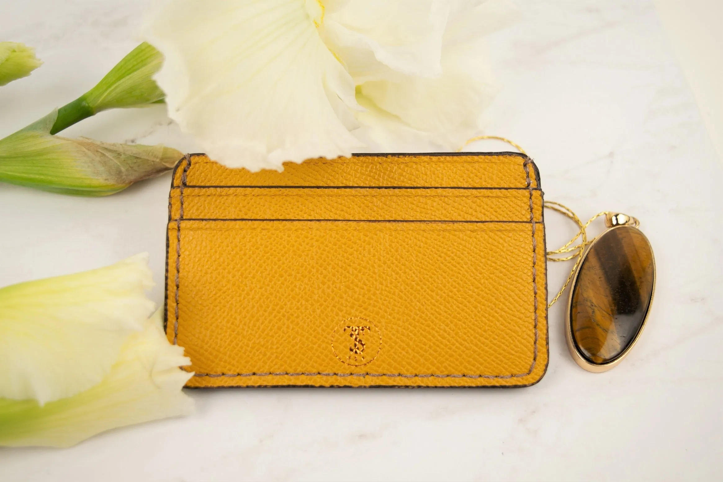 Pebbled Grain Leather Card Case in Saffron Yellow