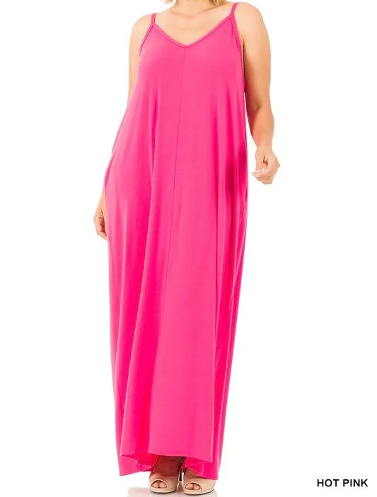Plus V-Neck Spaghetti-Strap Pocket Maxi Dress