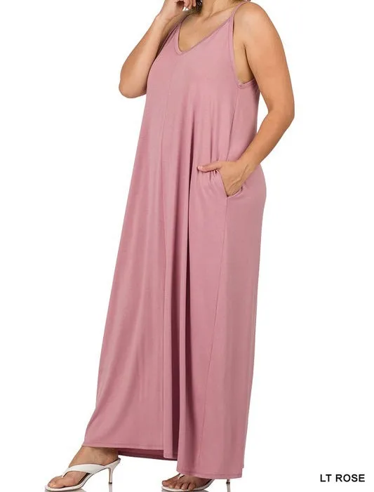 Plus V-Neck Spaghetti-Strap Pocket Maxi Dress